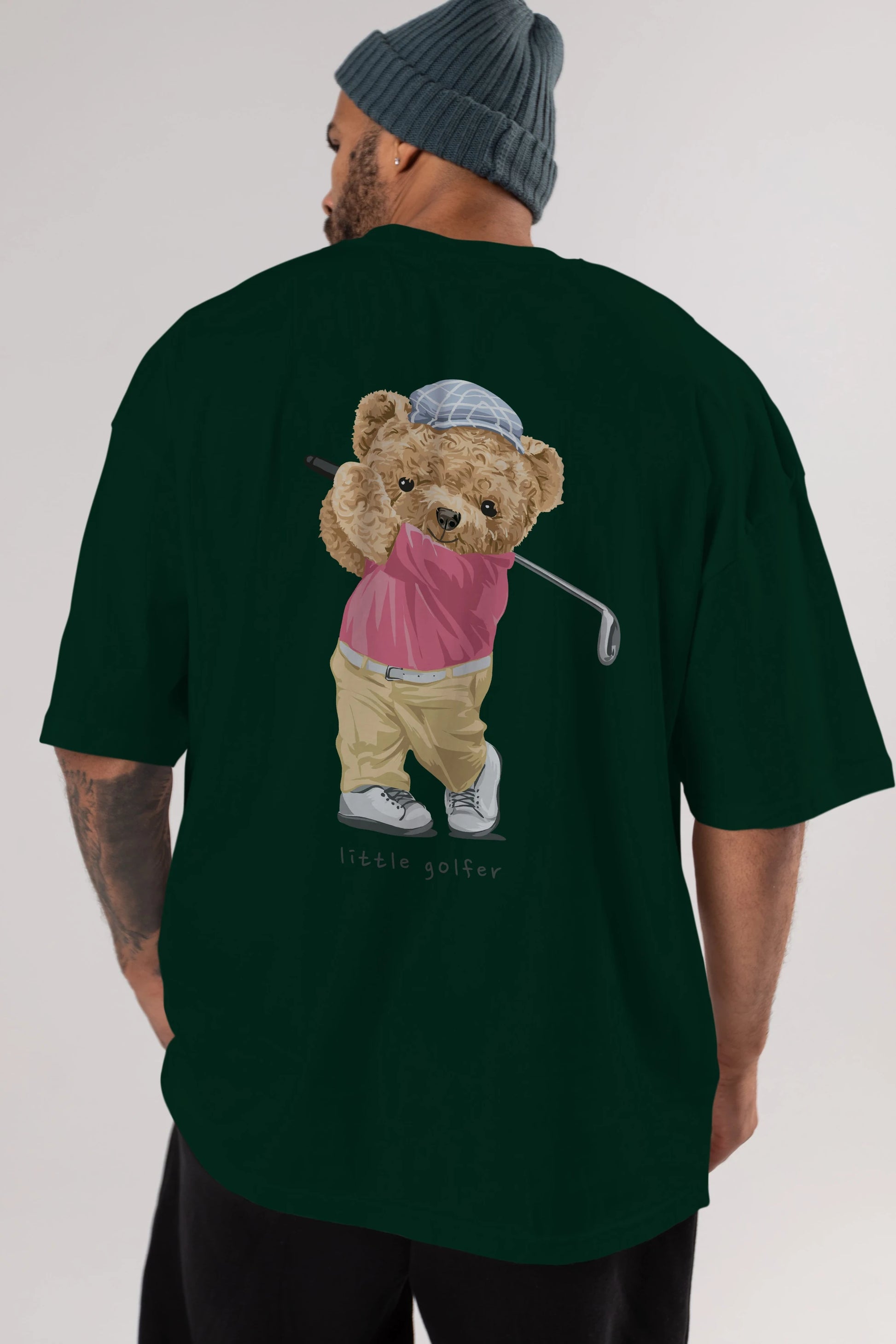 Teddy Bear Little Golfer Arka Baskılı Oversize t-shirt Erkek Kadın Unisex %100 Pamuk