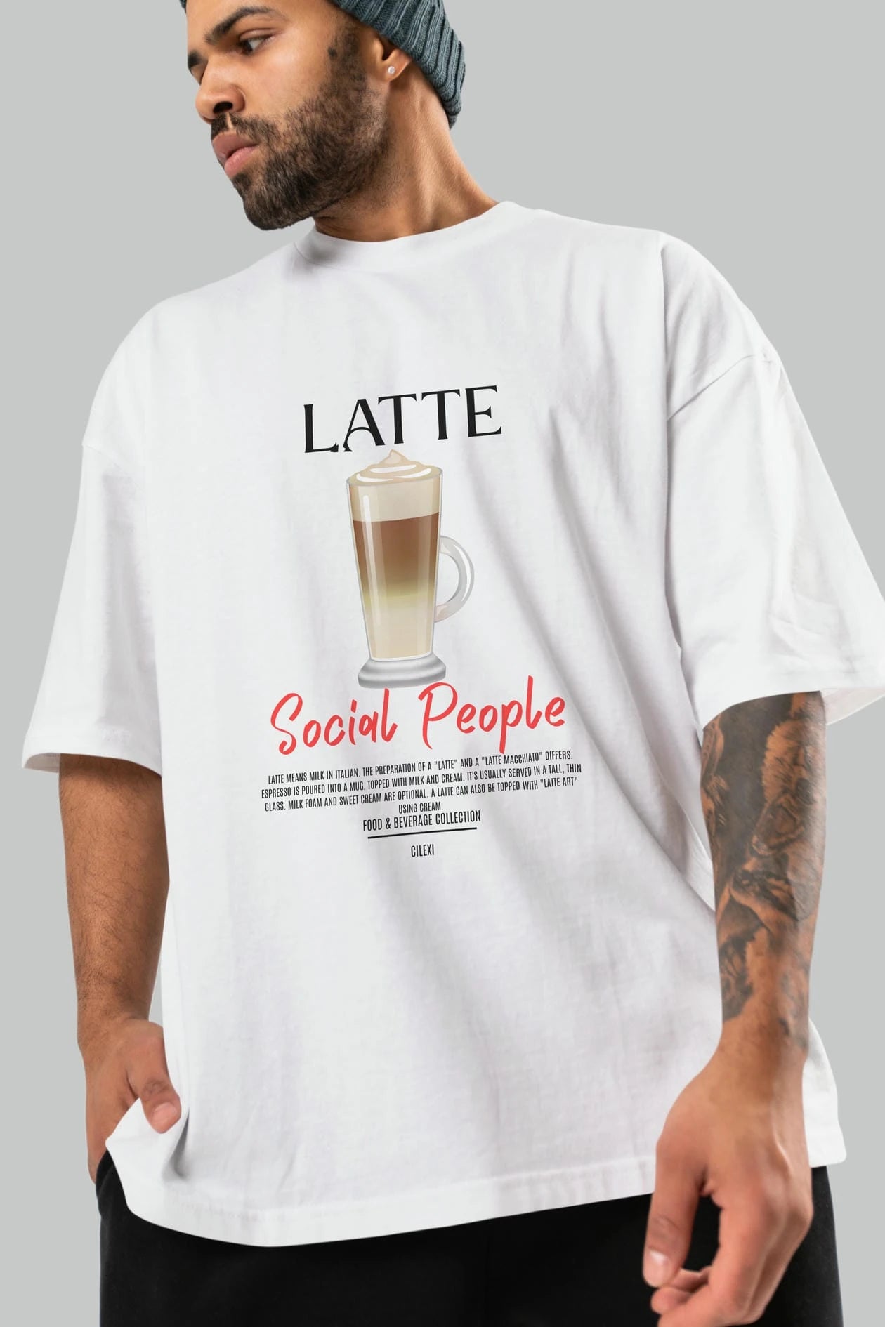 Latte Kokteyl Serisi ön Baskılı Oversize t-shirt Erkek Kadın %100 Pamuk Bisiklet Yaka tişort