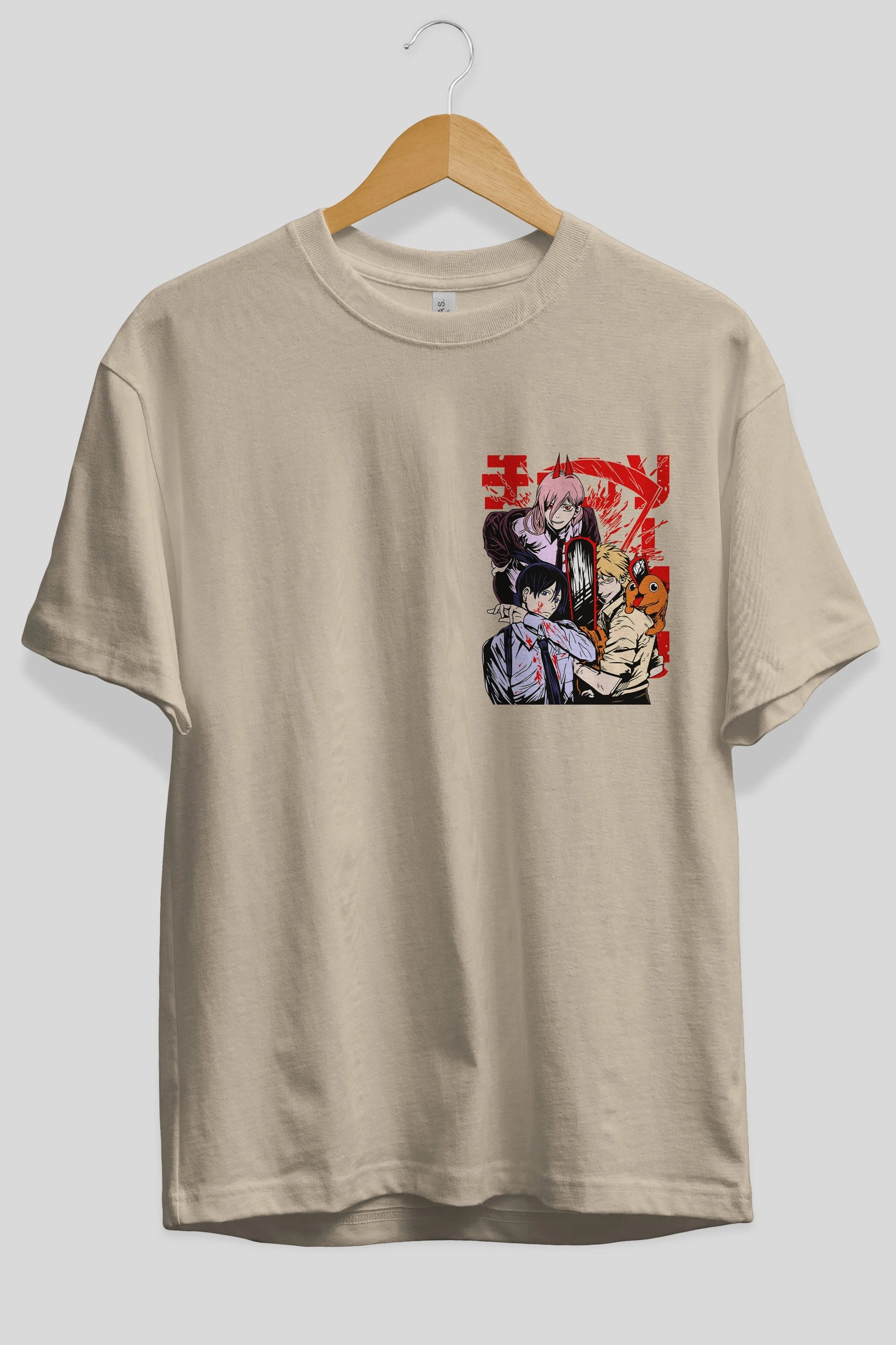 CHAINSAWMAN CREW Ön Sol Baskılı Oversize t-shirt Erkek Kadın Unisex %100 Pamuk Bisiklet Yaka tişort