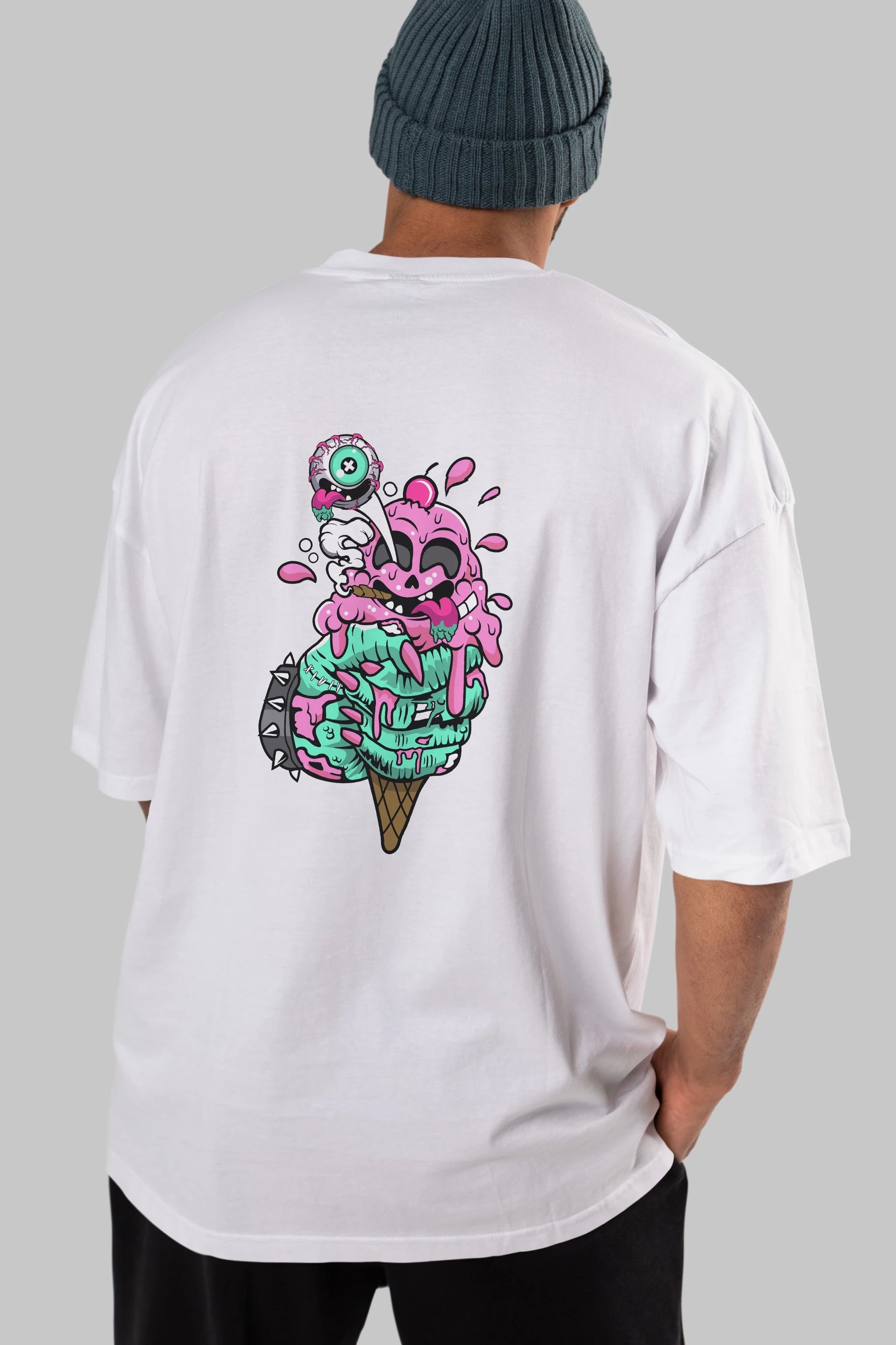 Ice Cream Zombie Arka Baskılı Oversize t-shirt Erkek Kadın Unisex %100 Pamuk tişort