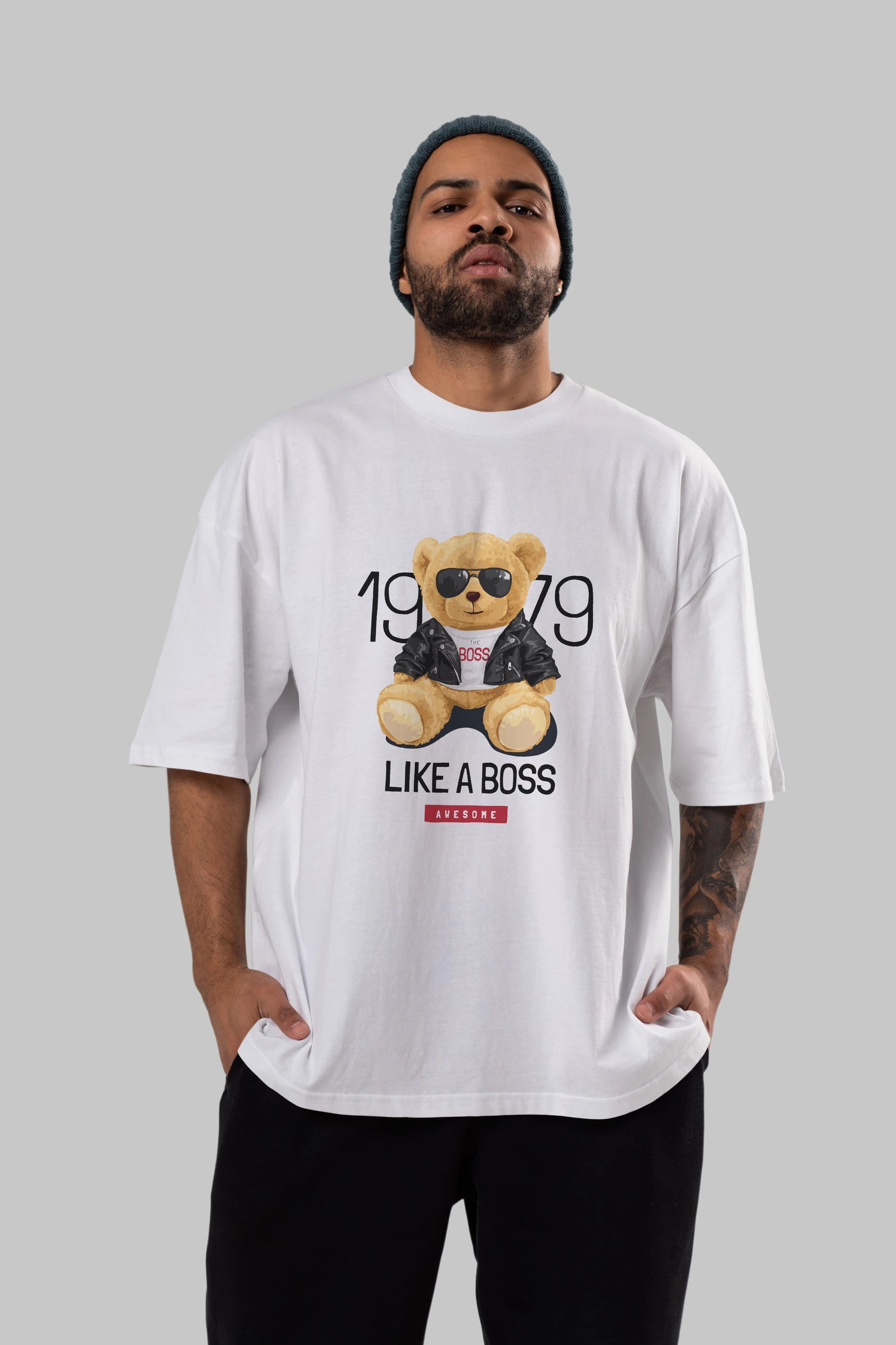 Teddy Bear Like A Boss Ön Baskılı Oversize t-shirt Erkek Kadın Unisex %100 Pamuk