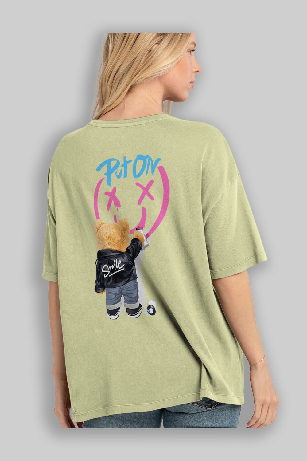 Put on Smile Bear Arka Baskılı Oversize t-shirt Erkek Kadın Unisex