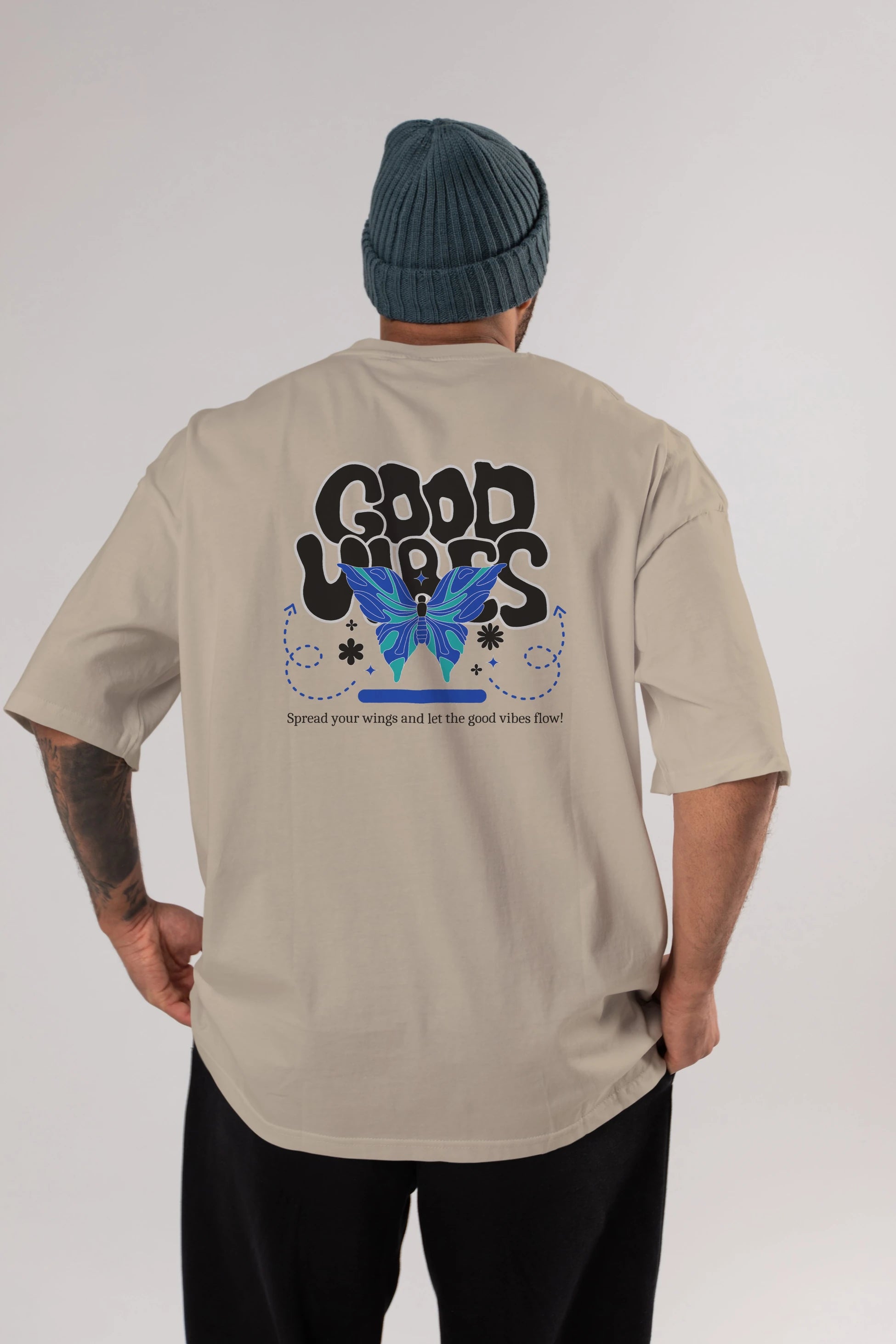 Good Vibes Yazılı 4 Arka Baskılı Oversize t-shirt Erkek Kadın Unisex