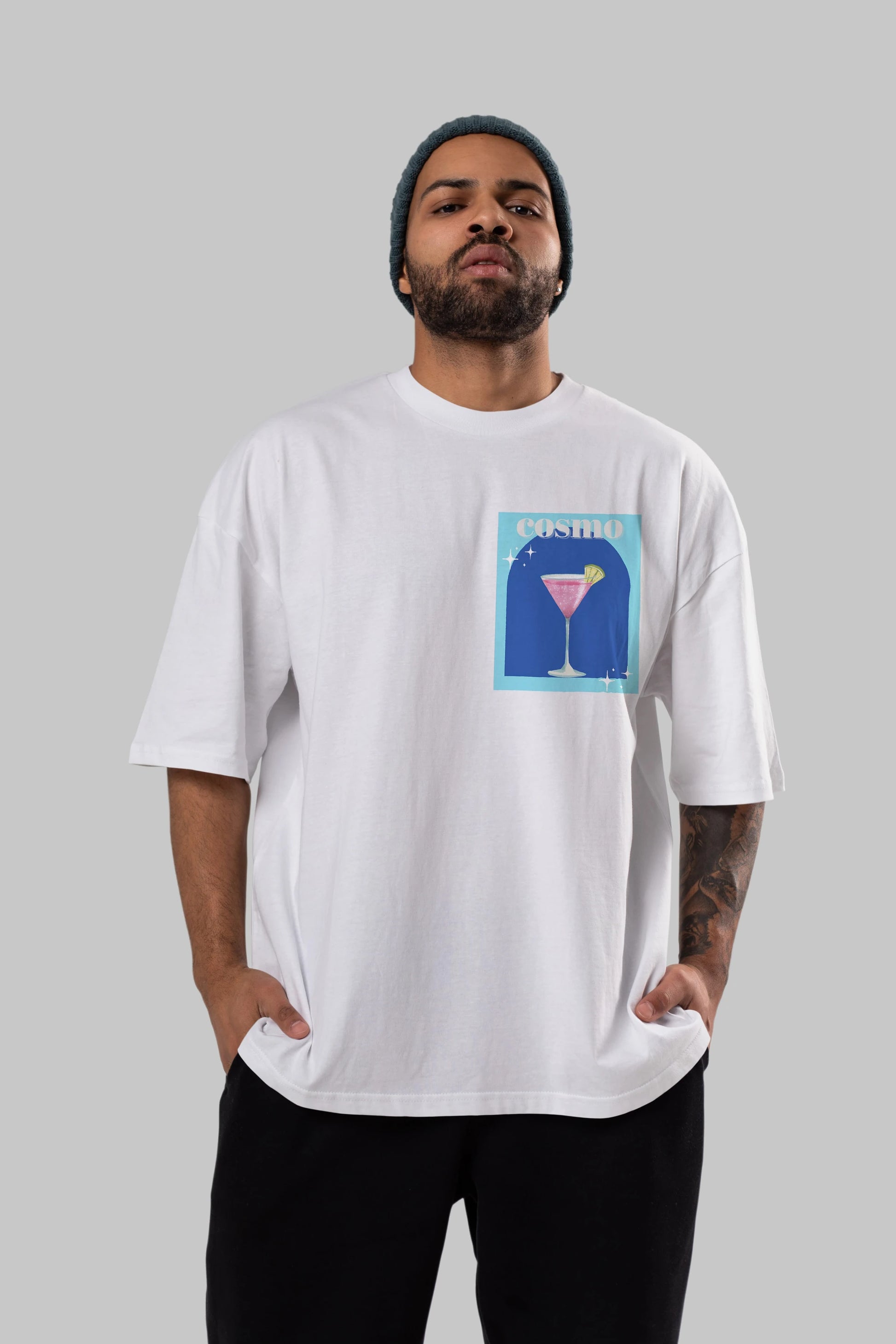 Cosmopolitan 2 Ön Sol Baskılı Oversize t-shirt Erkek Kadın Unisex %100 Pamuk Bisiklet Yaka tişort