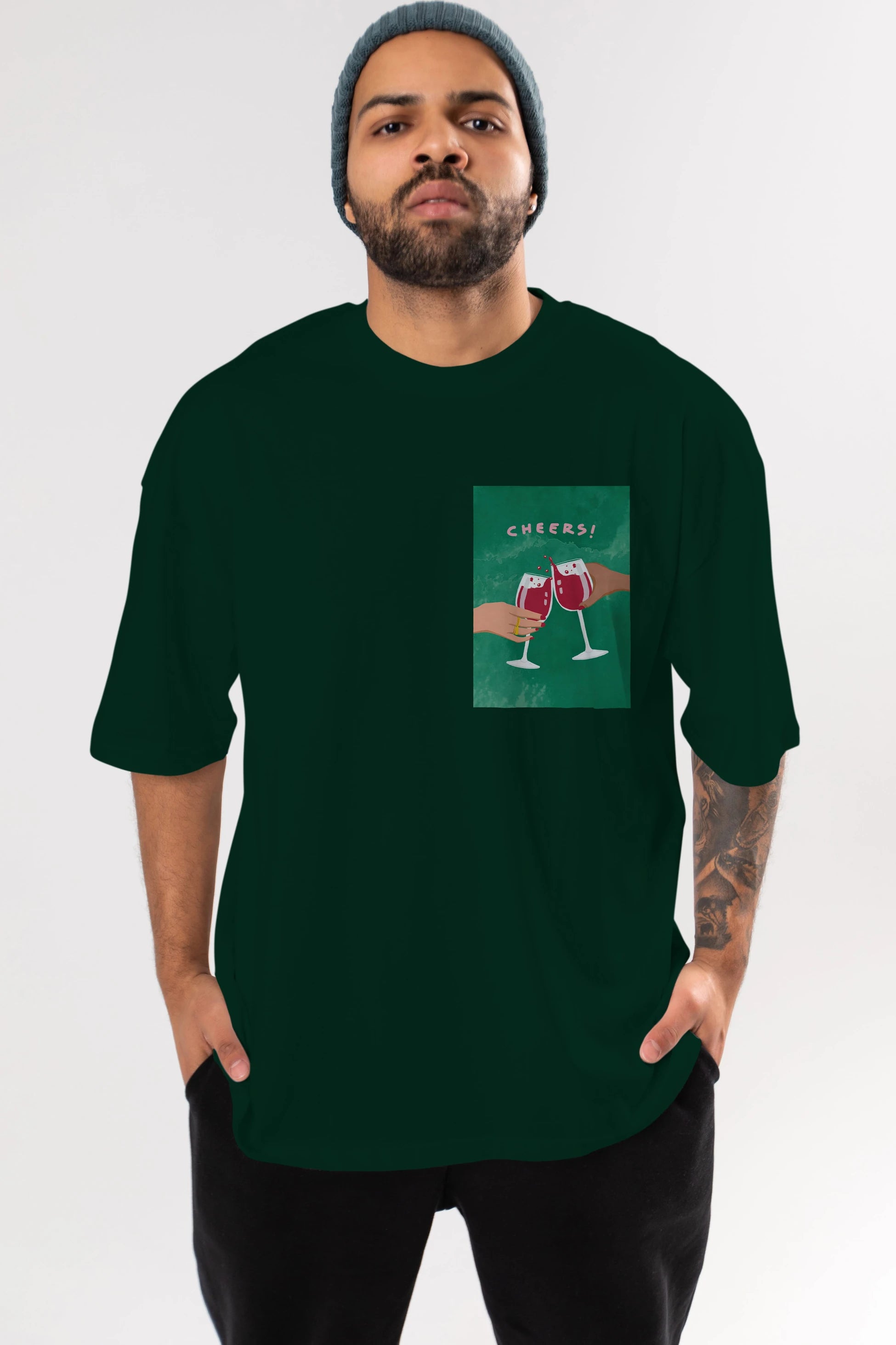 Cheers Ön Sol Baskılı Oversize t-shirt Erkek Kadın Unisex %100 Pamuk Bisiklet Yaka tişort