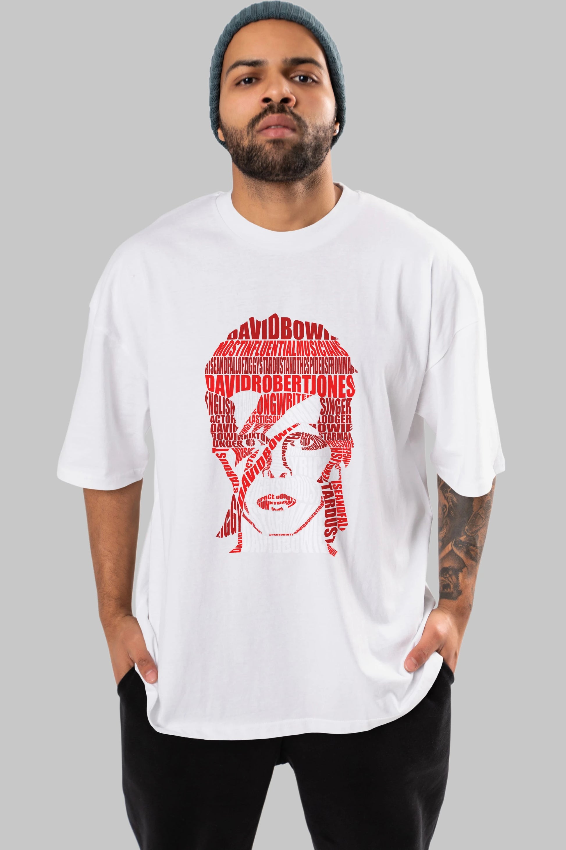 David Bowie Calligram Ön Baskılı Oversize t-shirt %100 pamuk Erkek Kadın Unisex