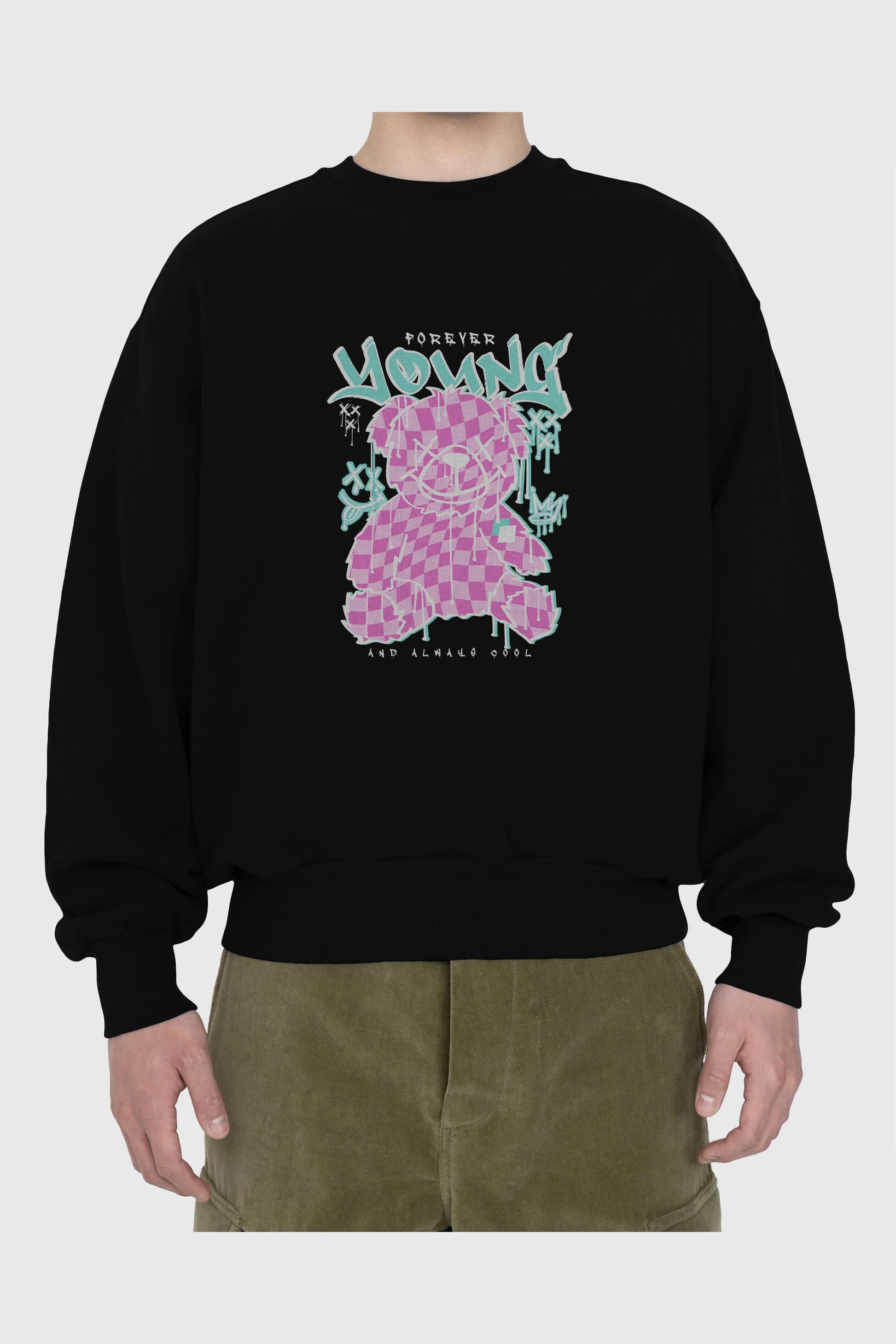 Young and Always Cool Bear Ön Baskılı Oversize Sweatshirt Erkek Kadın Unisex