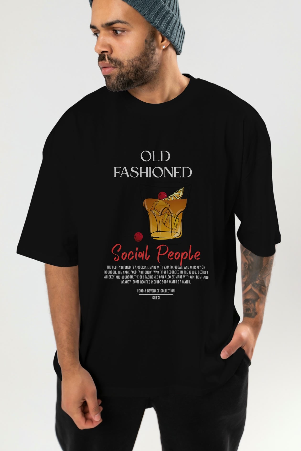 Old Fashıoned Kokteyl Serisi ön Baskılı Oversize t-shirt Erkek Kadın %100 Pamuk Bisiklet Yaka tişort