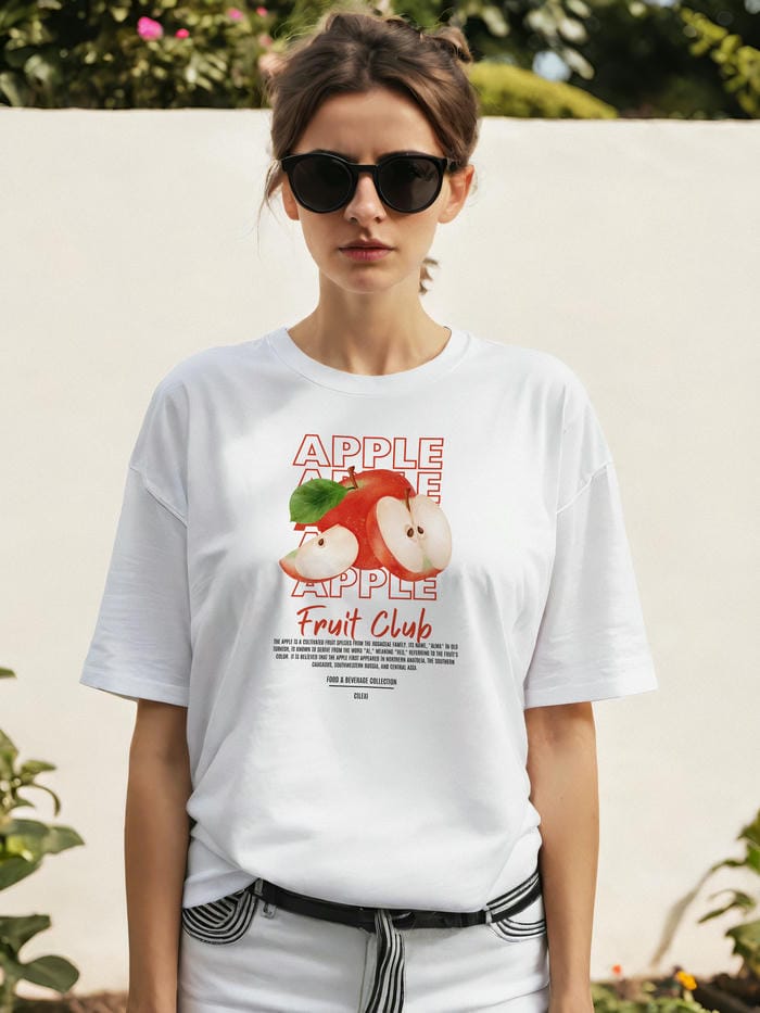 Apple Ön Baskılı Oversize t-shirt Erkek Kadın Pamuk Bisiklet Yaka tişort