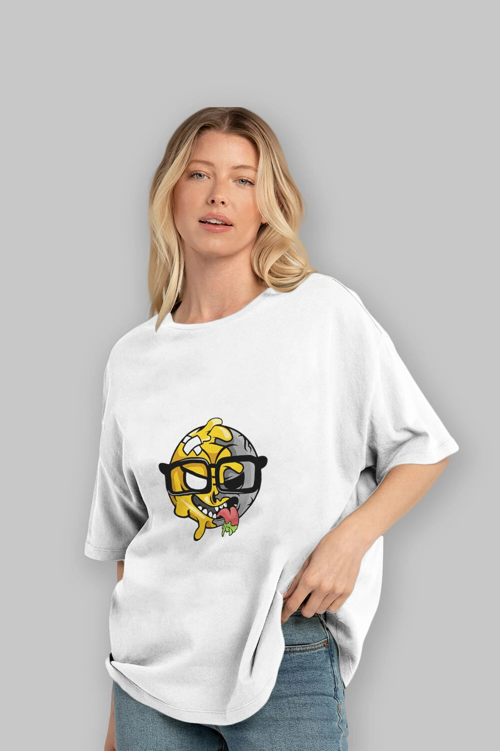 Smiley Nerd Ön Baskılı Oversize t-shirt Erkek Kadın Unisex %100 Pamuk tişort