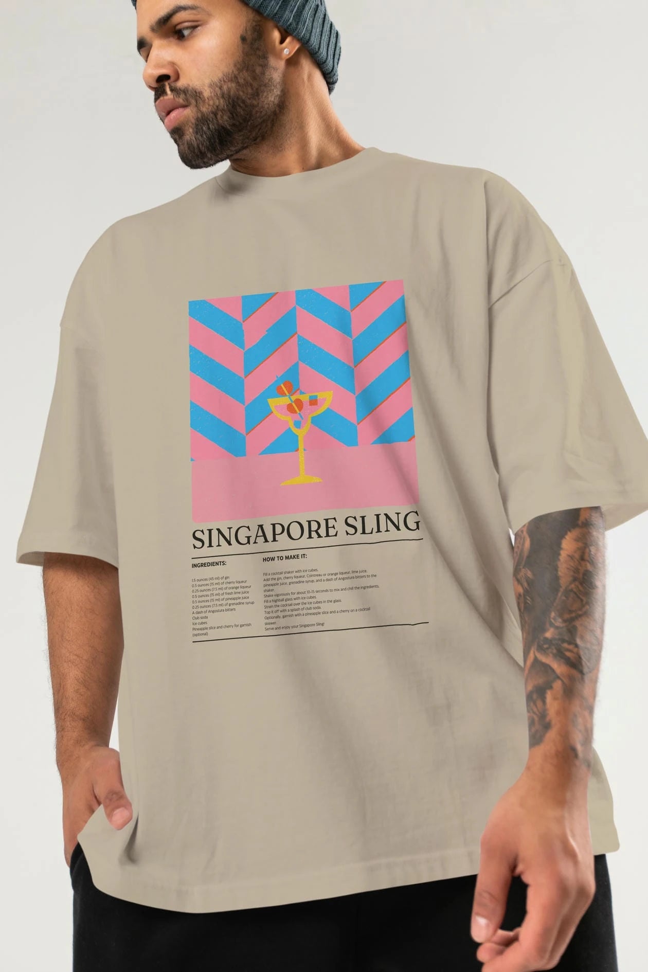 Sıngapore Sling Kokteyl Ön Baskılı Oversize t-shirt Erkek Kadın %100 Pamuk Bisiklet Yaka tişort