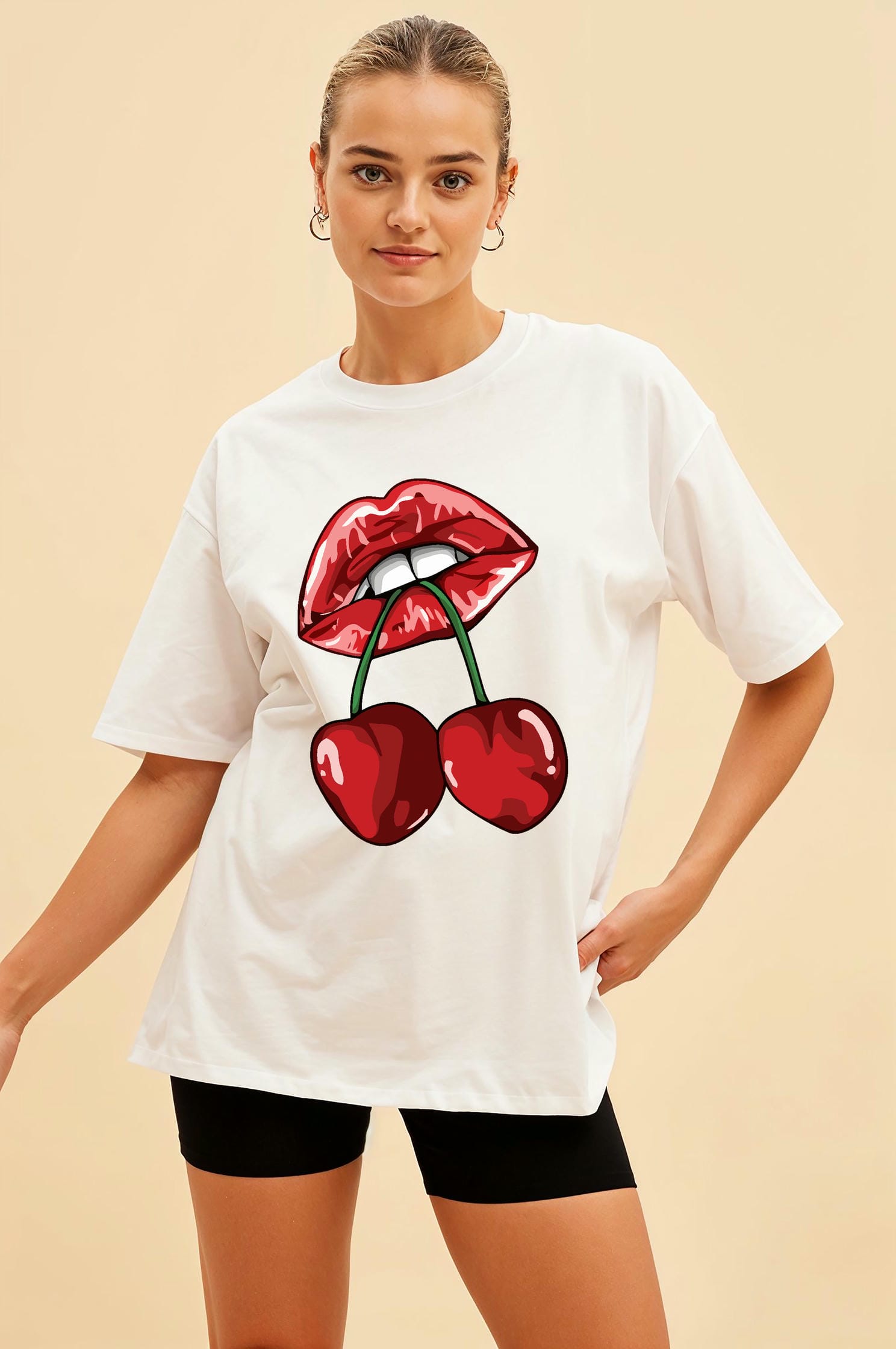 Cherry Cherries 11 Ön Baskılı Oversize t-shirt Erkek Kadın Pamuk Bisiklet Yaka tişort