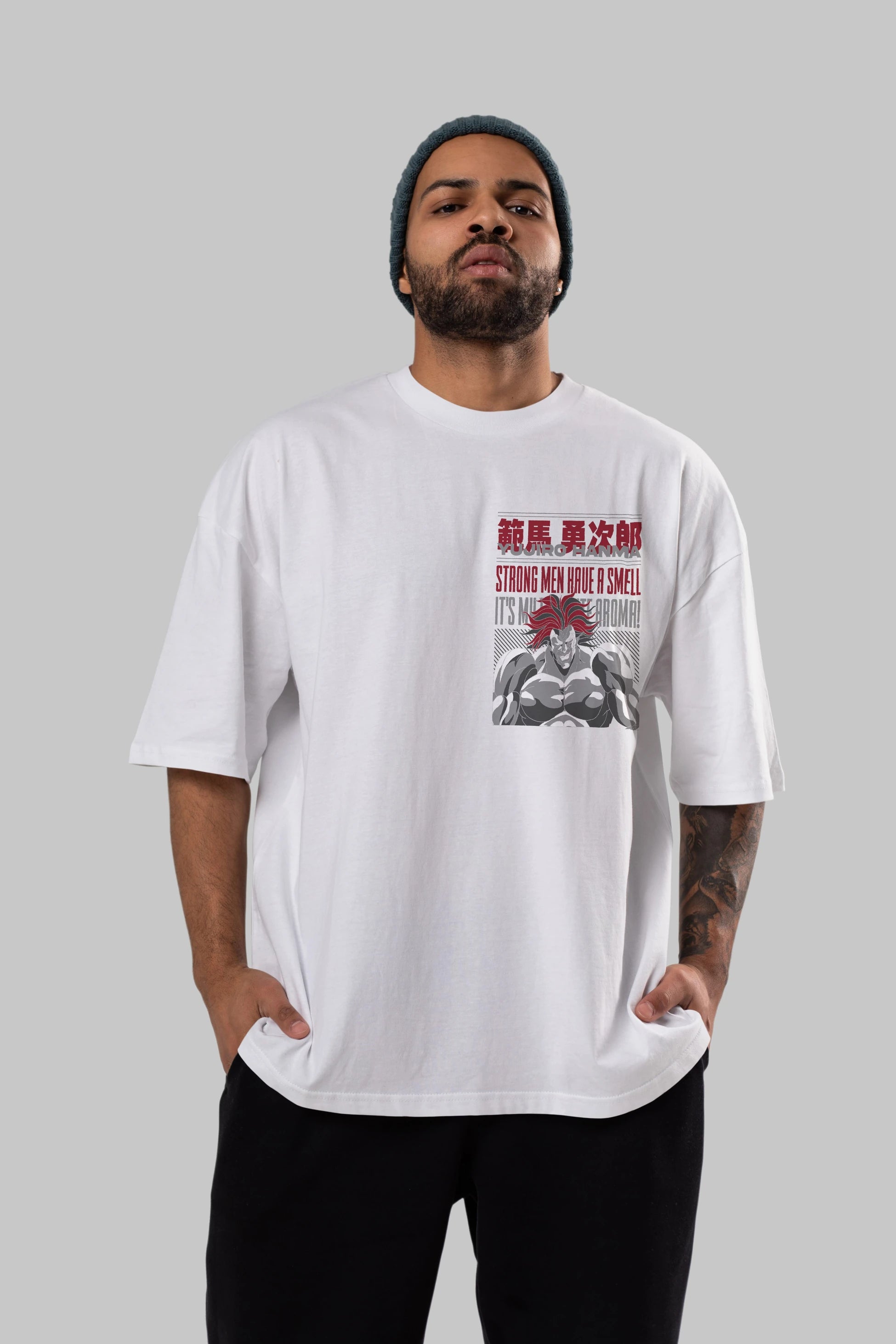YUJIRO HANMA Ön Sol Baskılı Oversize t-shirt Erkek Kadın Unisex %100 Pamuk Bisiklet Yaka tişort