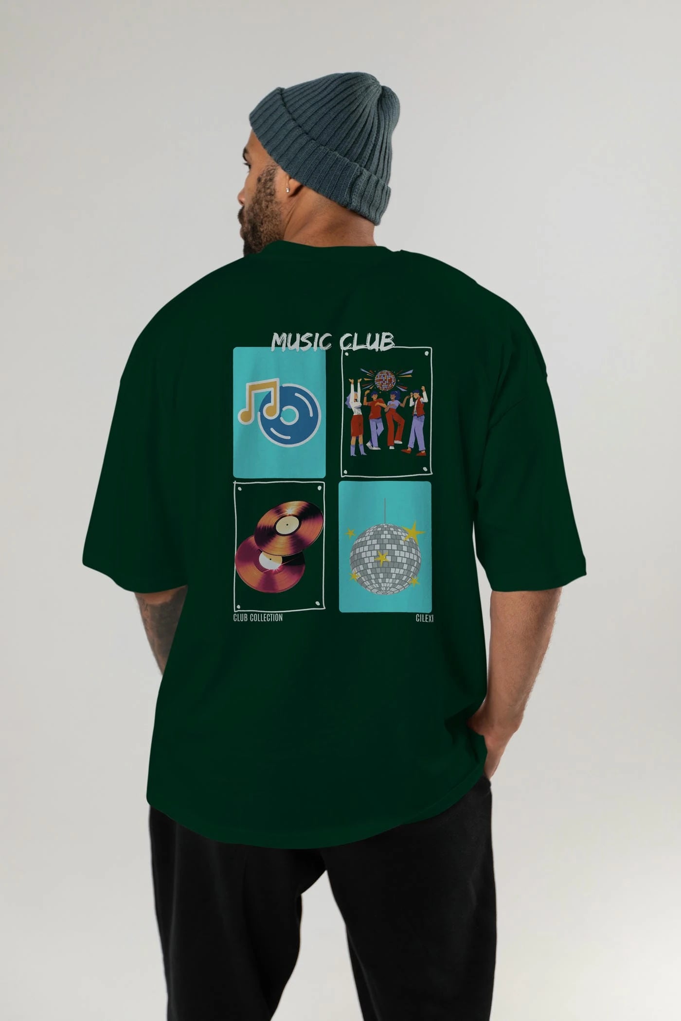 Music Club Arka Baskılı Oversize t-shirt Erkek Kadın %100 Pamuk Bisiklet Yaka tişort