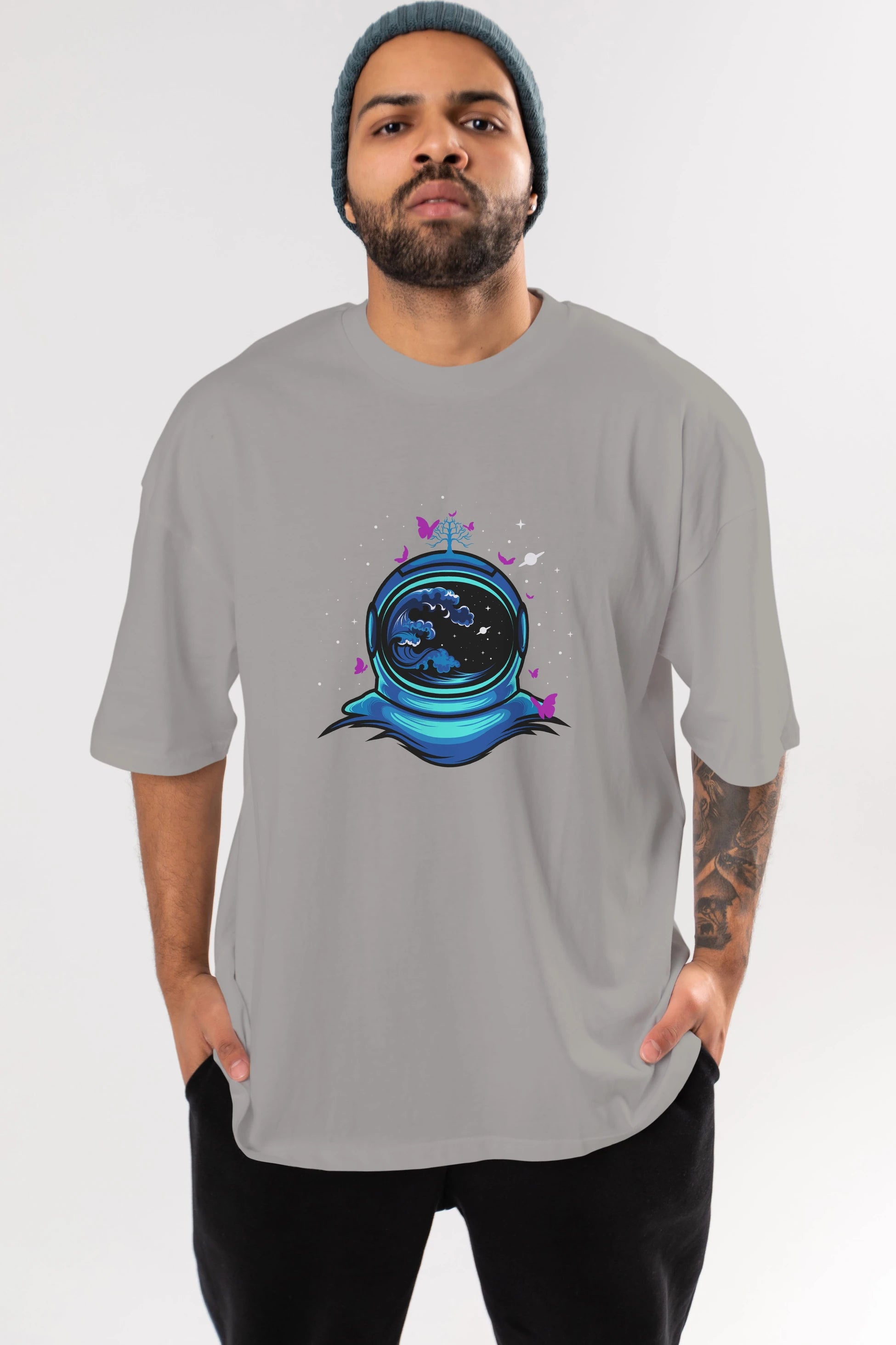 Astronaut and Butterfly Ön Baskılı Oversize t-shirt Erkek Kadın Unisex