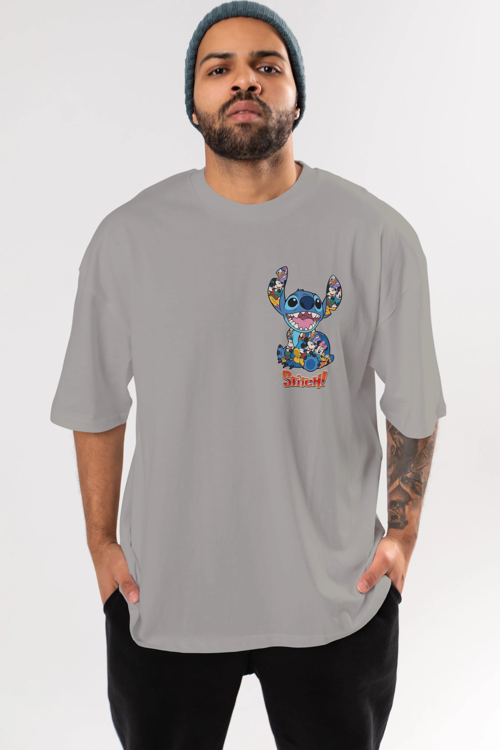 Stitch Ön Sol Baskılı Oversize t-shirt Erkek Kadın Unisex %100 Pamuk Bisiklet Yaka tişort