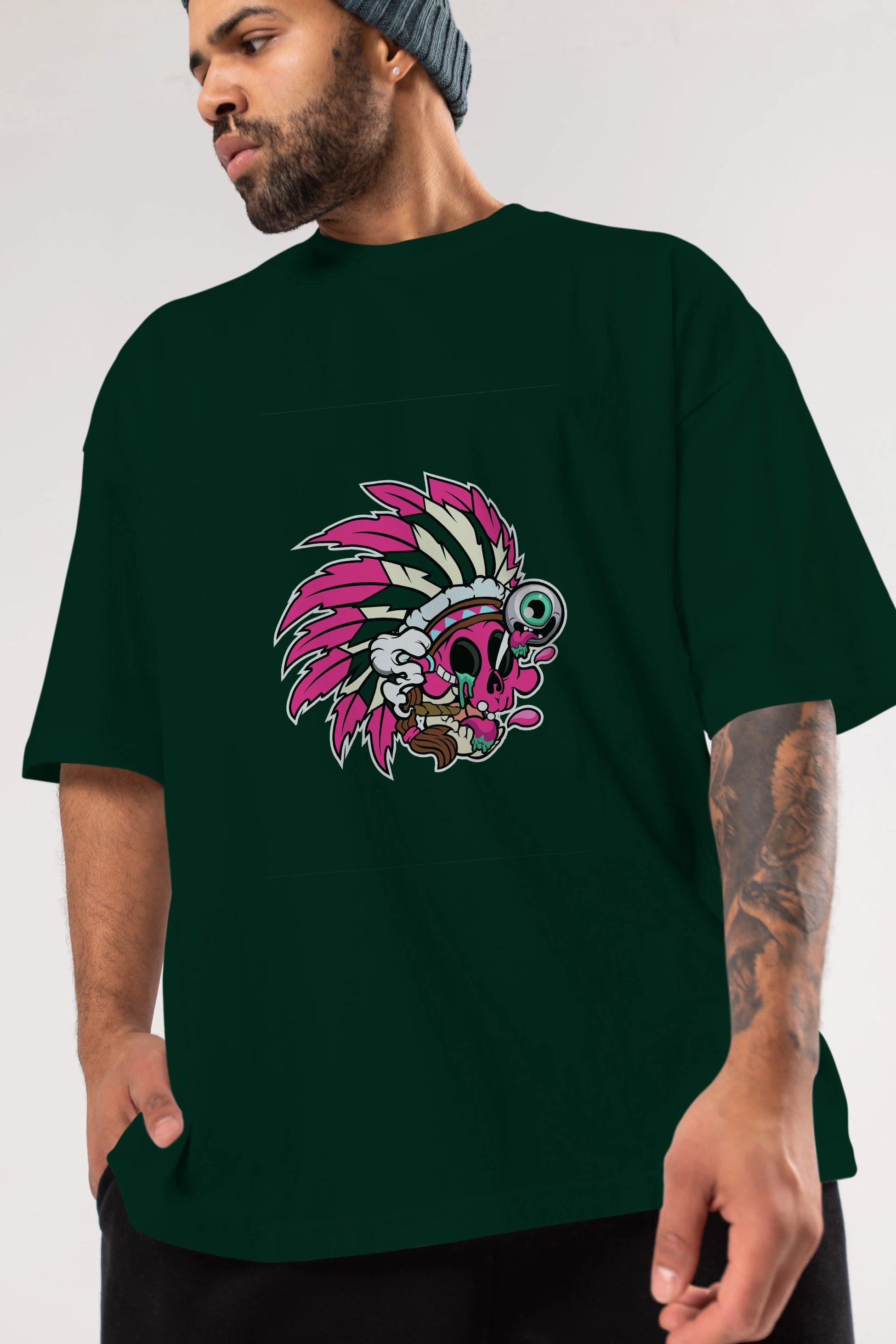 Skull Indian Ön Baskılı Oversize t-shirt Erkek Kadın Unisex %100 Pamuk tişort