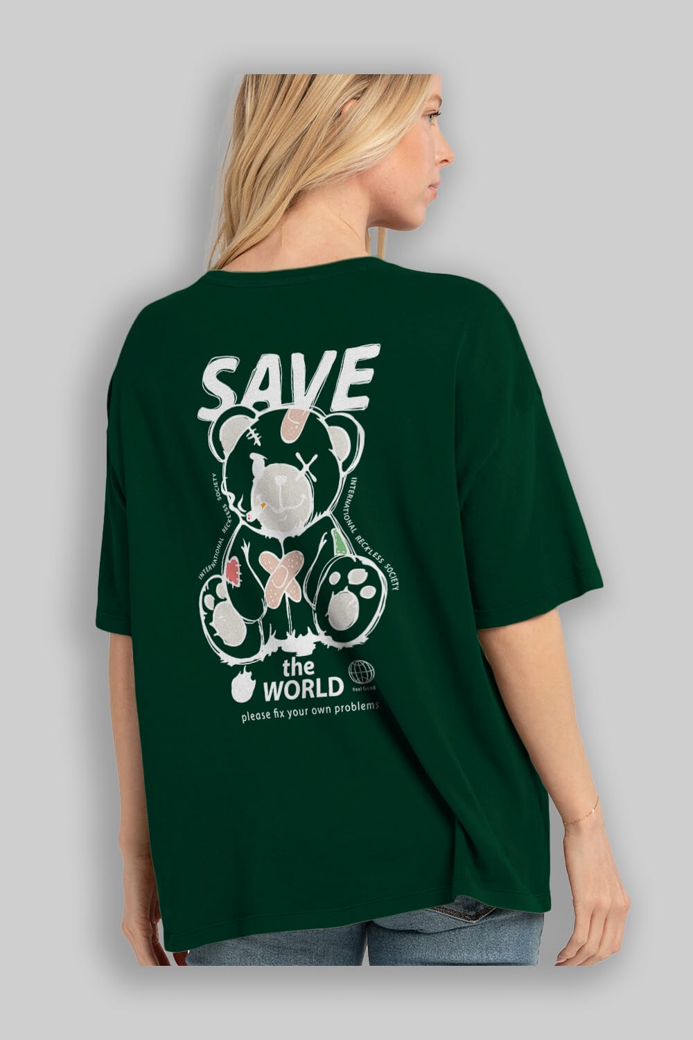 Save the World Bear Arka Baskılı Oversize t-shirt Erkek Kadın Unisex