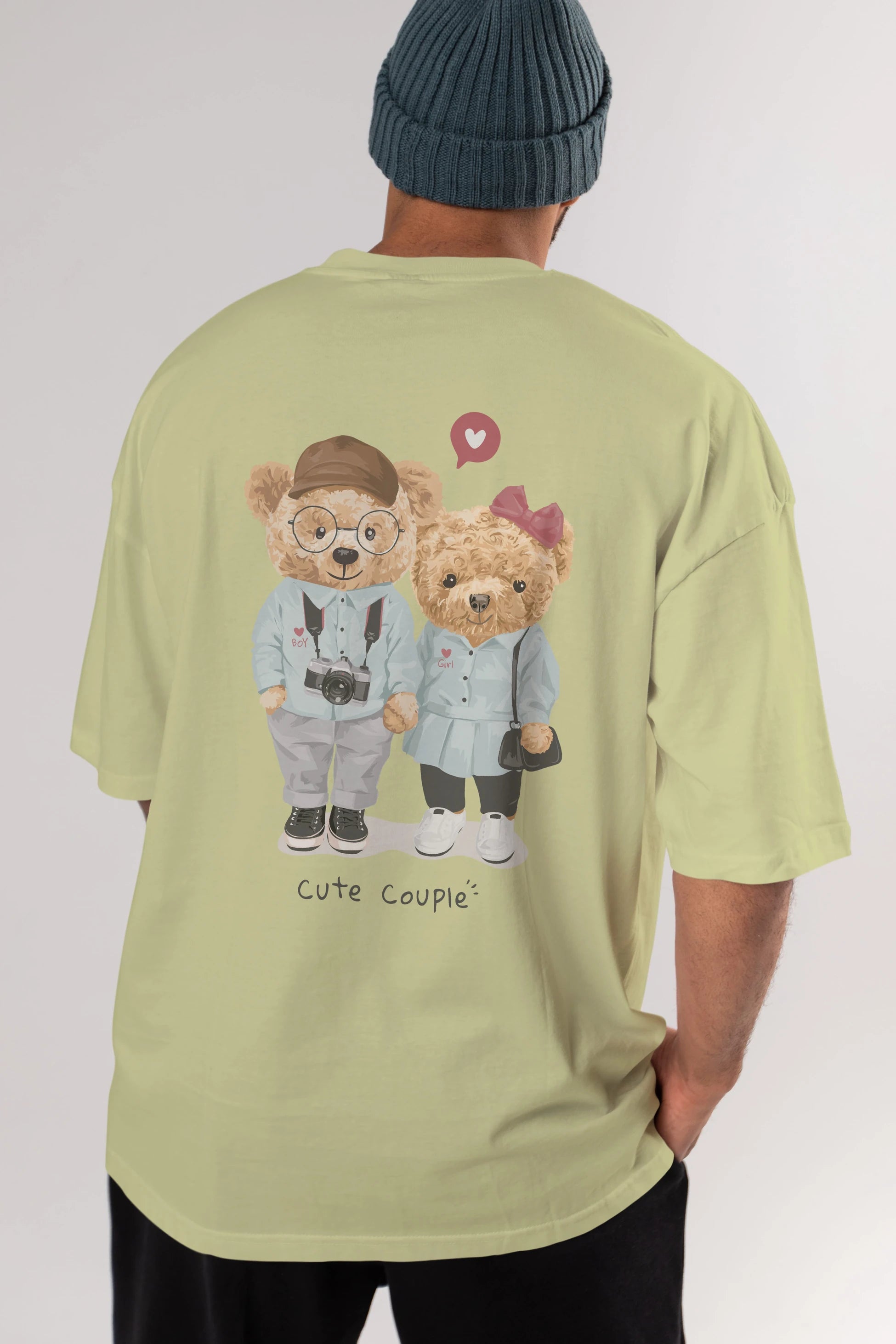 Teddy Bear Cute Couple Arka Baskılı Oversize t-shirt Erkek Kadın Unisex %100 Pamuk