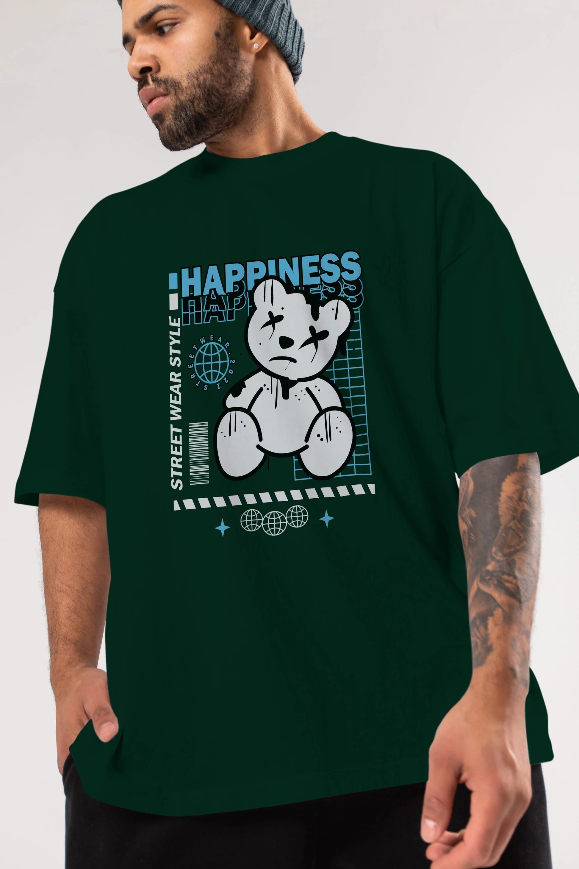 Happiness Bear 2 Ön Baskılı Oversize t-shirt Erkek Kadın Unisex