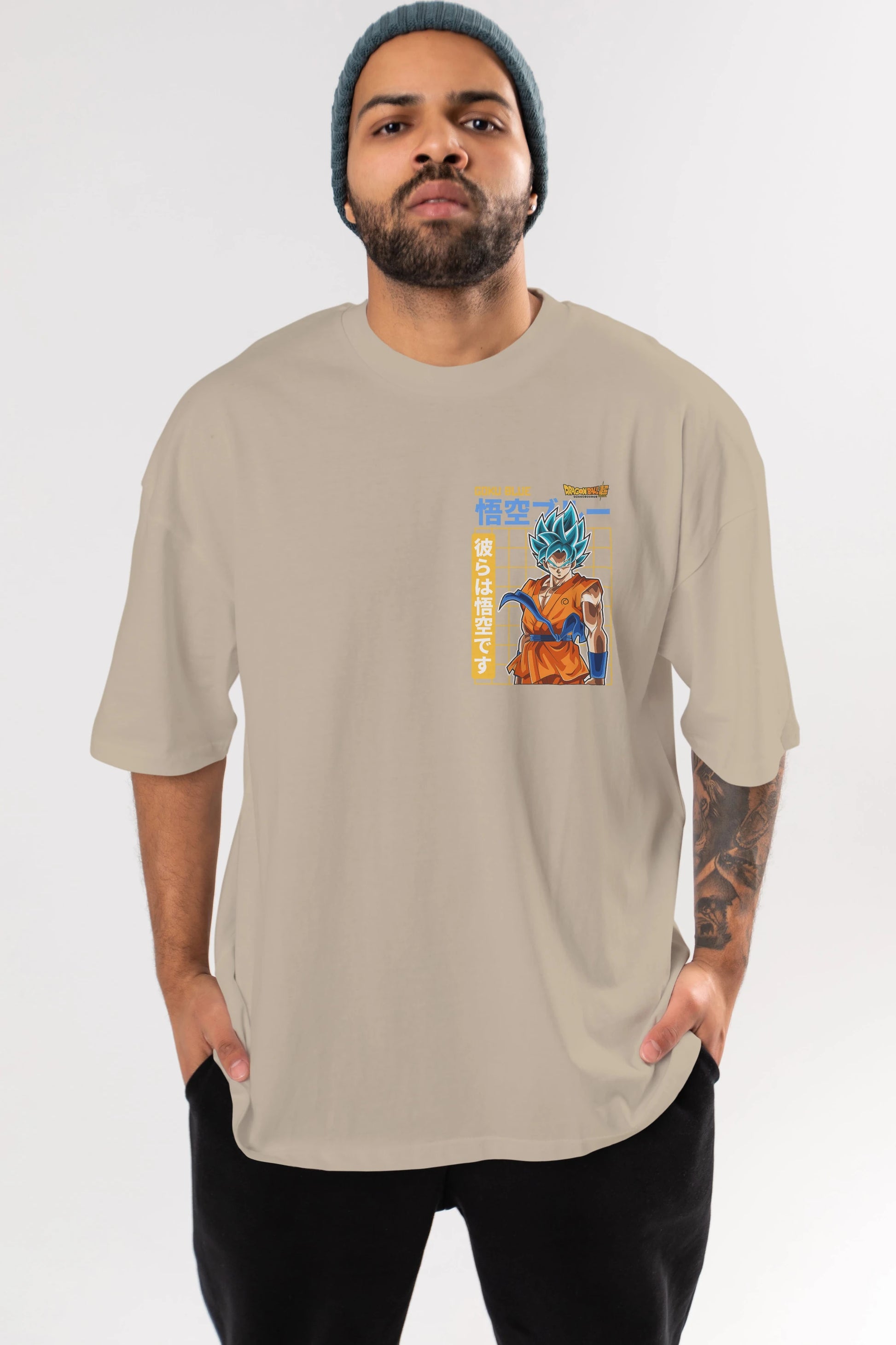 GOKU 1 Ön Sol Baskılı Oversize t-shirt Erkek Kadın Unisex %100 Pamuk Bisiklet Yaka tişort