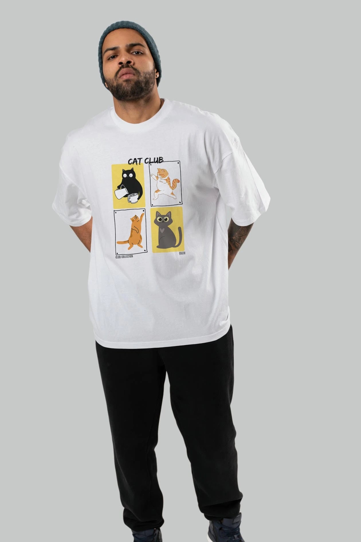 Cat Club ön Baskılı Oversize t-shirt Erkek Kadın %100 Pamuk Bisiklet Yaka tişort