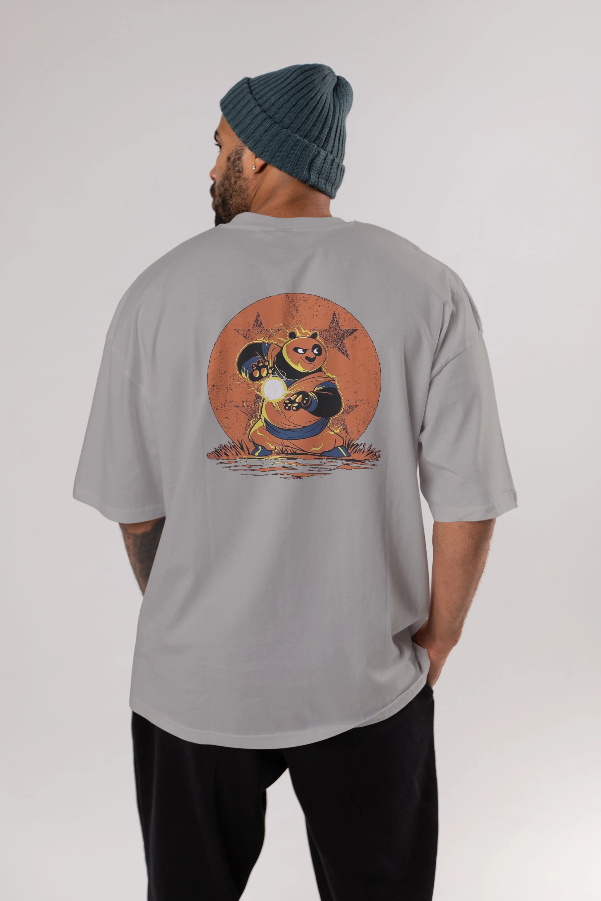 Kung Fu Panda Arka Baskılı Oversize t-shirt Erkek Kadın Unisex %100 Pamuk Bisiklet Yaka tişort
