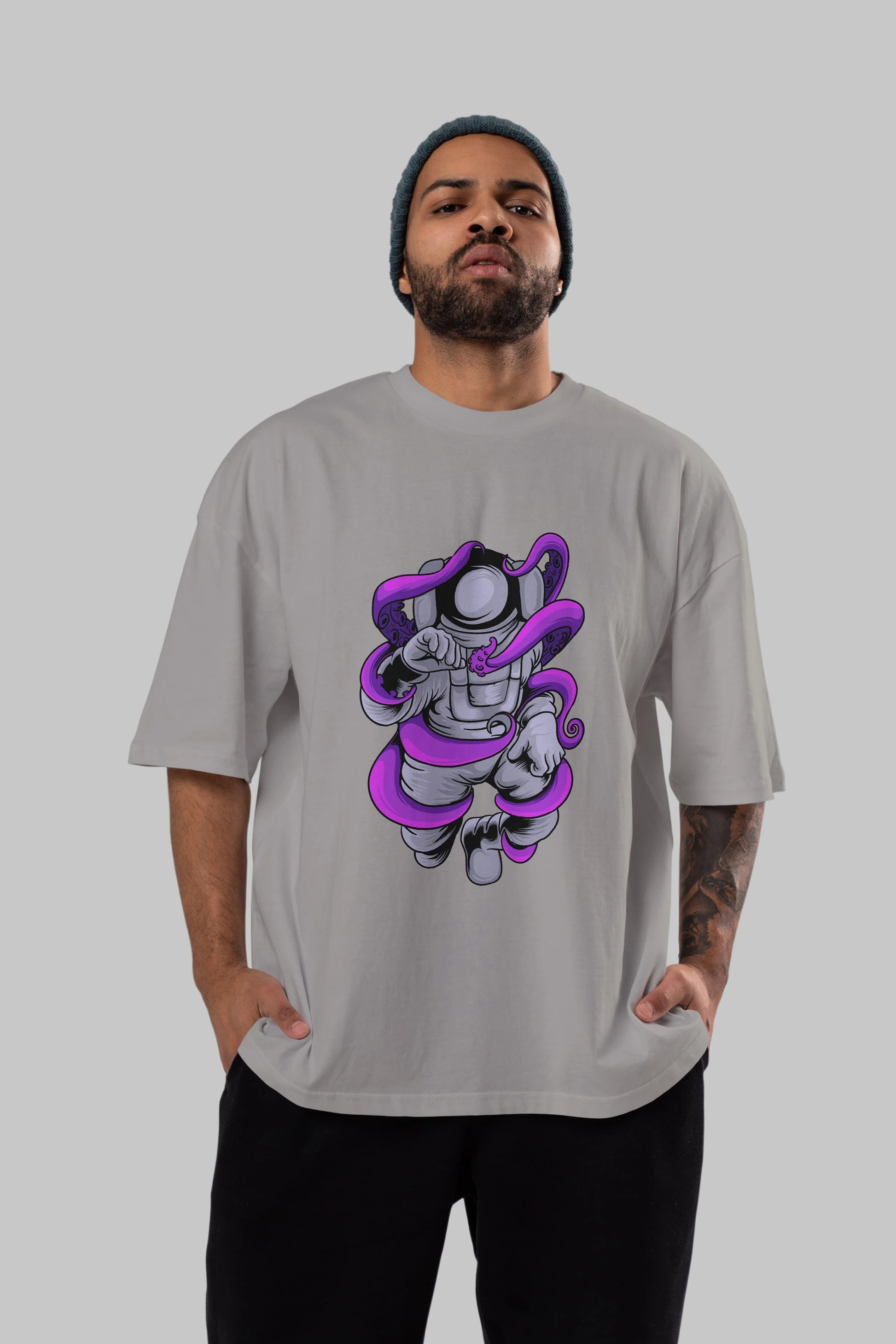 Astronaut fighting octopus Ön Baskılı Oversize t-shirt Erkek Kadın Unisex