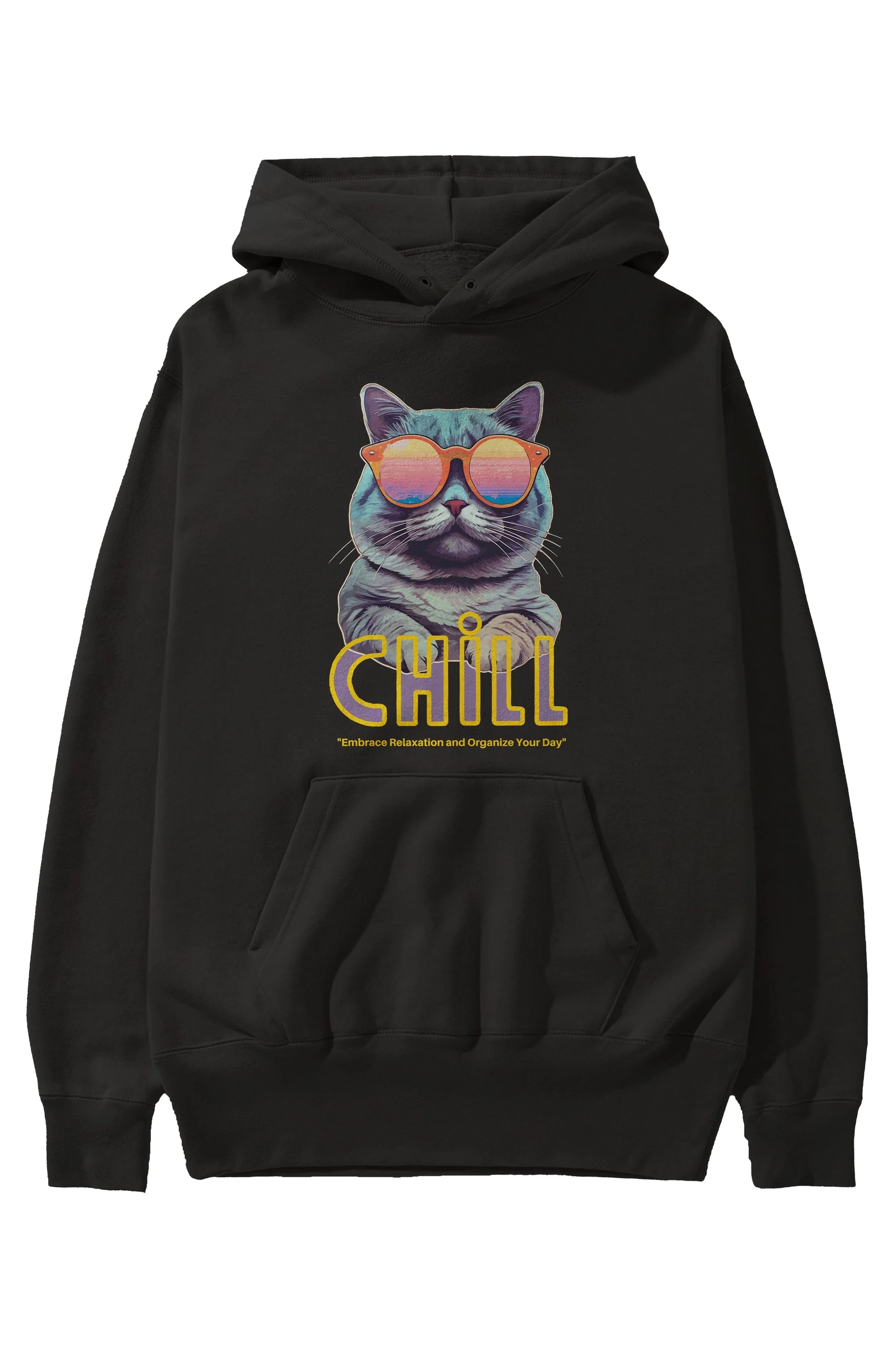 Chill Cat Ön Baskılı Oversize Hoodie Kapüşonlu Sweatshirt Erkek Kadın Unisex