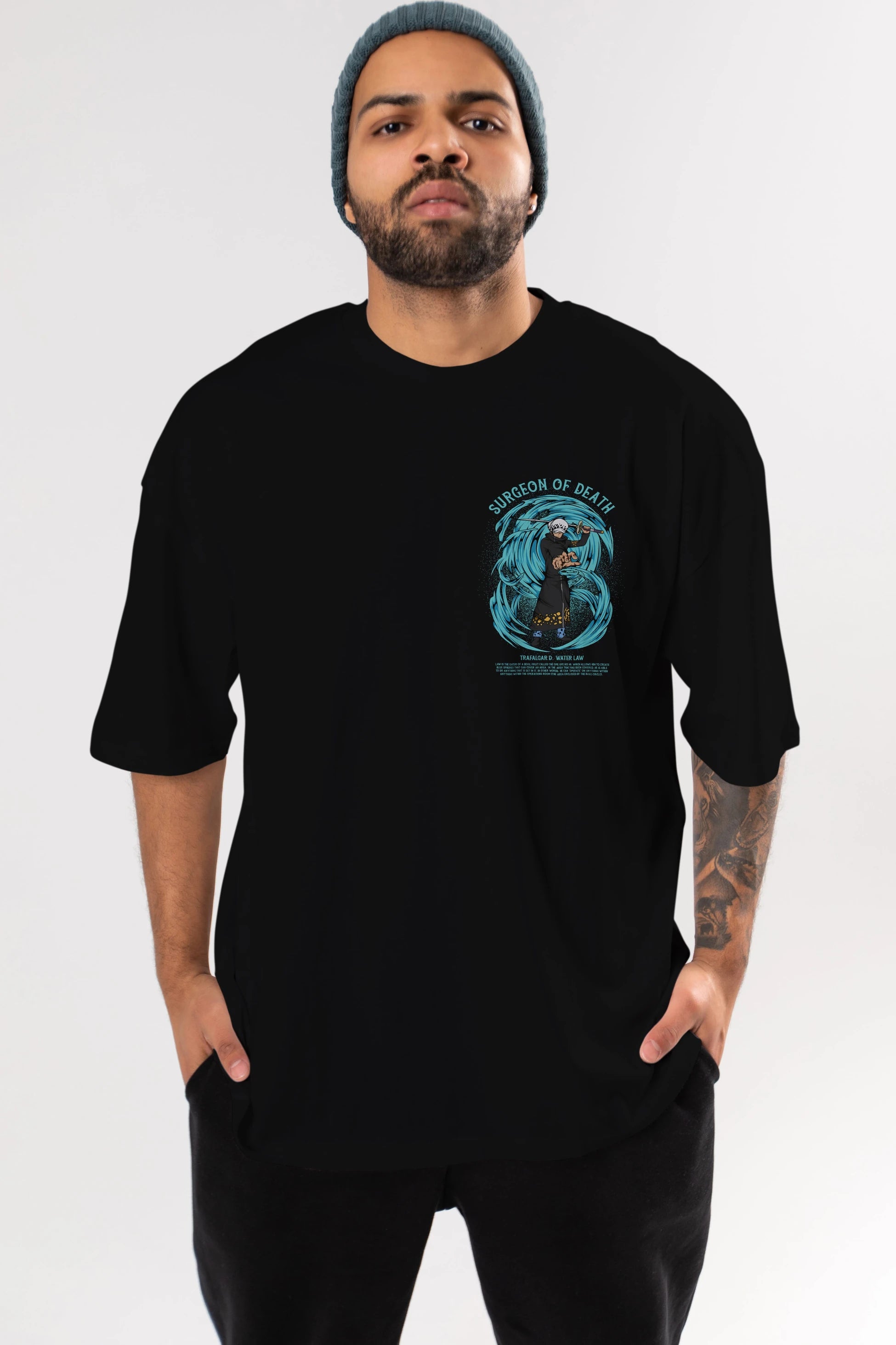 Trafalgad D. Water Law Ön Sol Baskılı Oversize t-shirt Erkek Kadın Unisex %100 Pamuk Bisiklet Yaka tişort