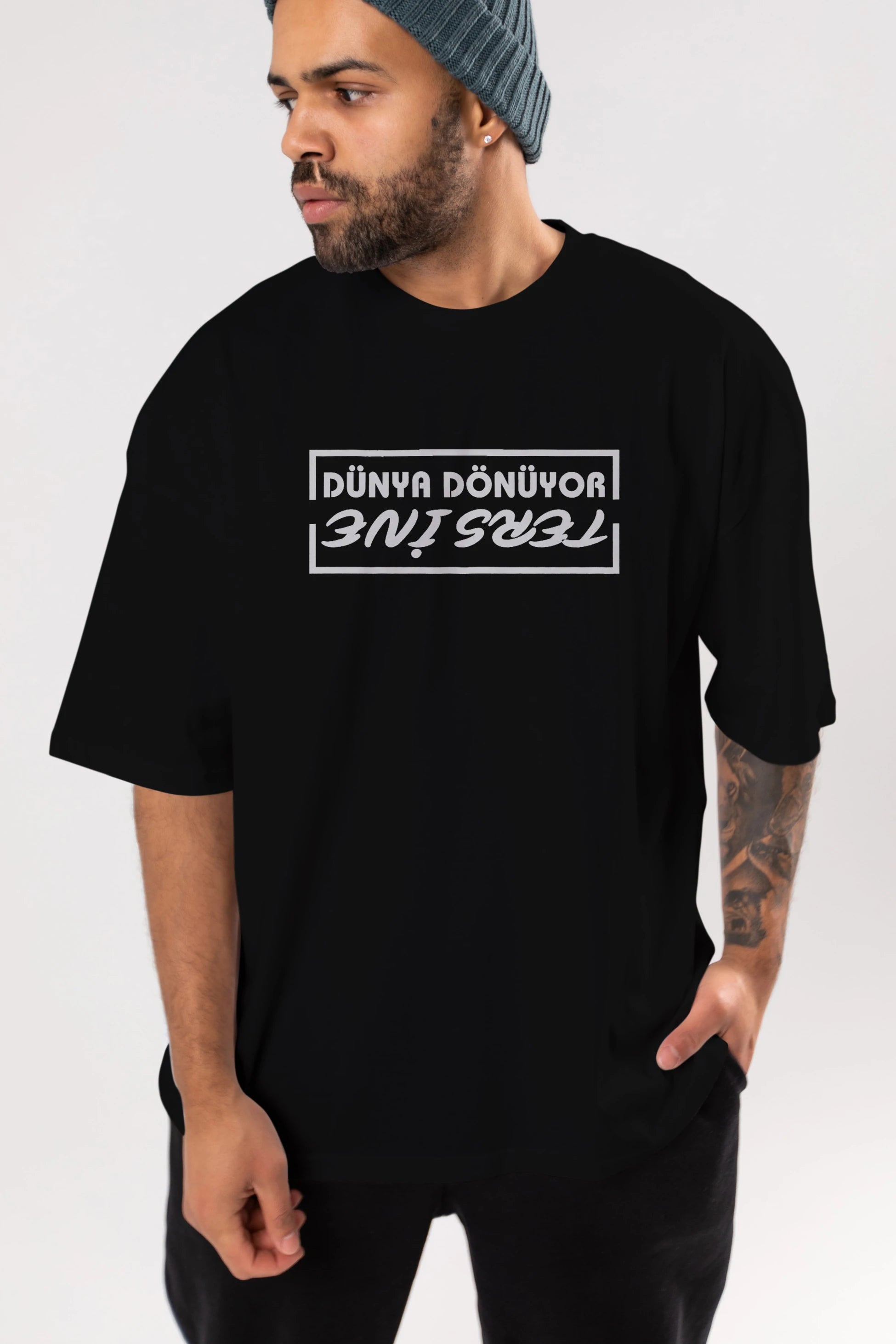 Dünya Dönüyor Tersine Ön Baskılı Oversize t-shirt %100 pamuk Erkek Kadın Unisex