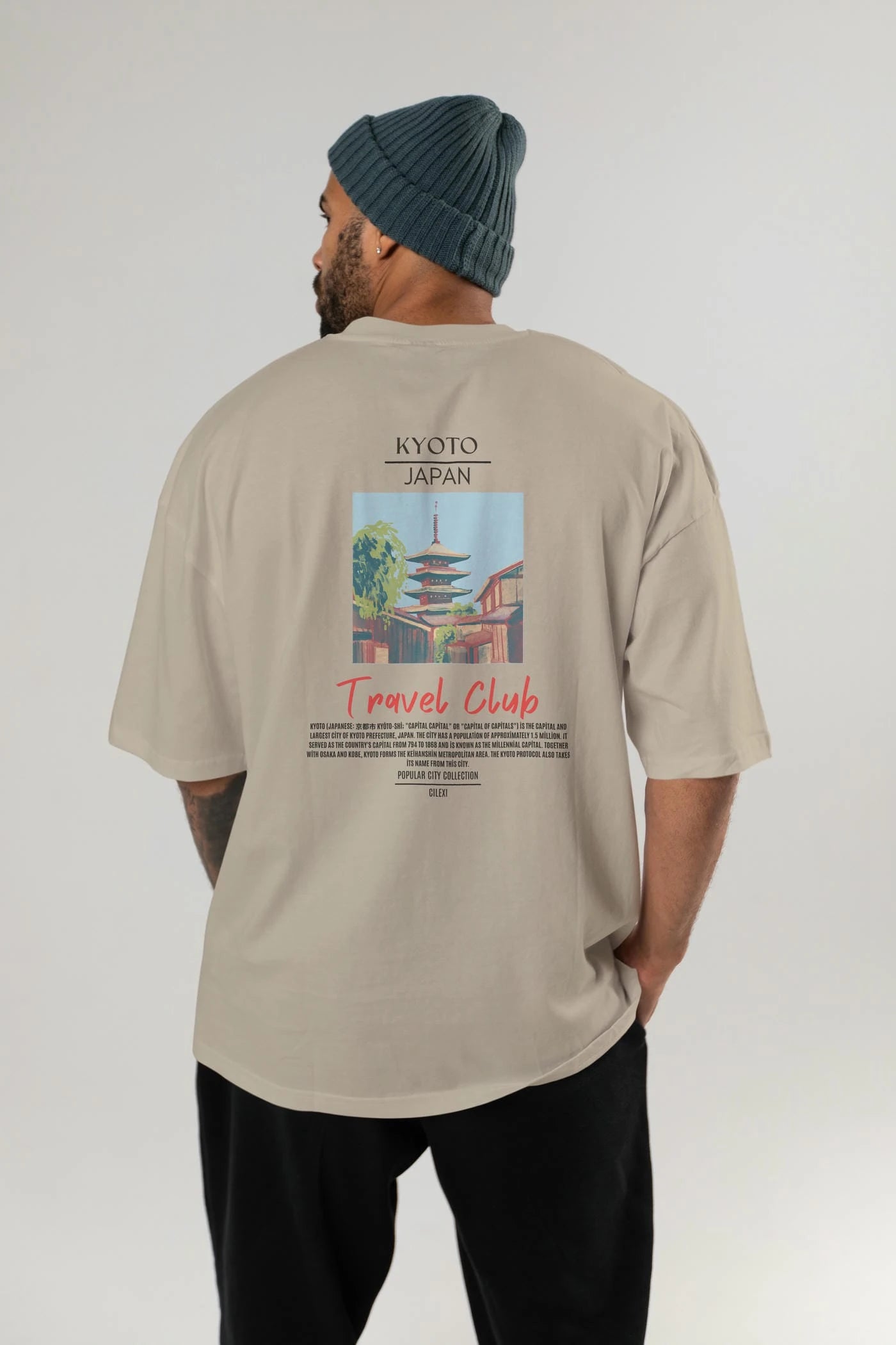 Kyoto Japan Arka Baskılı Oversize t-shirt Erkek Kadın Pamuk Bisiklet Yaka tişort