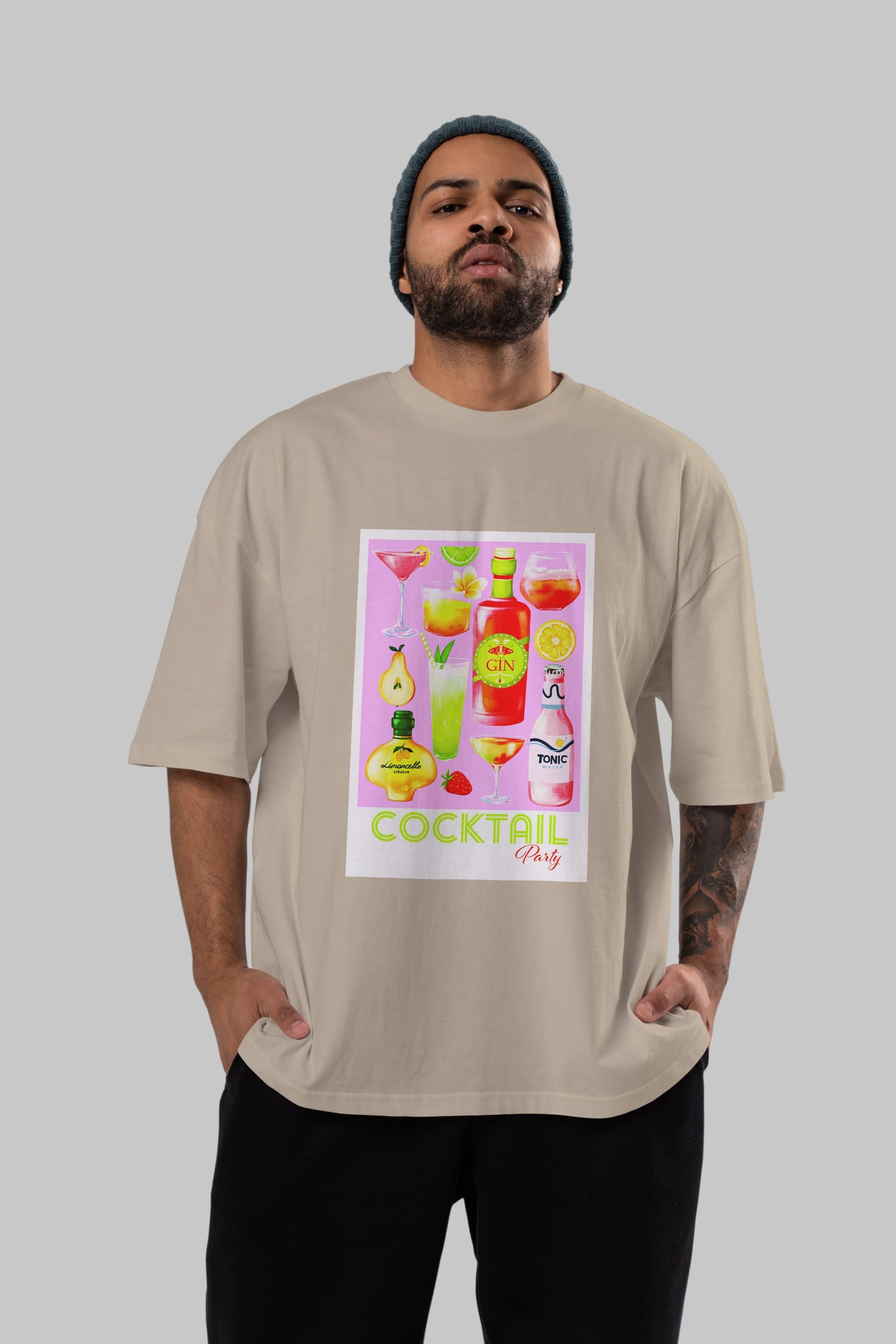 Cocktail Party Ön Baskılı Oversize t-shirt Erkek Kadın Unisex %100 Pamuk Bisiklet Yaka tişort