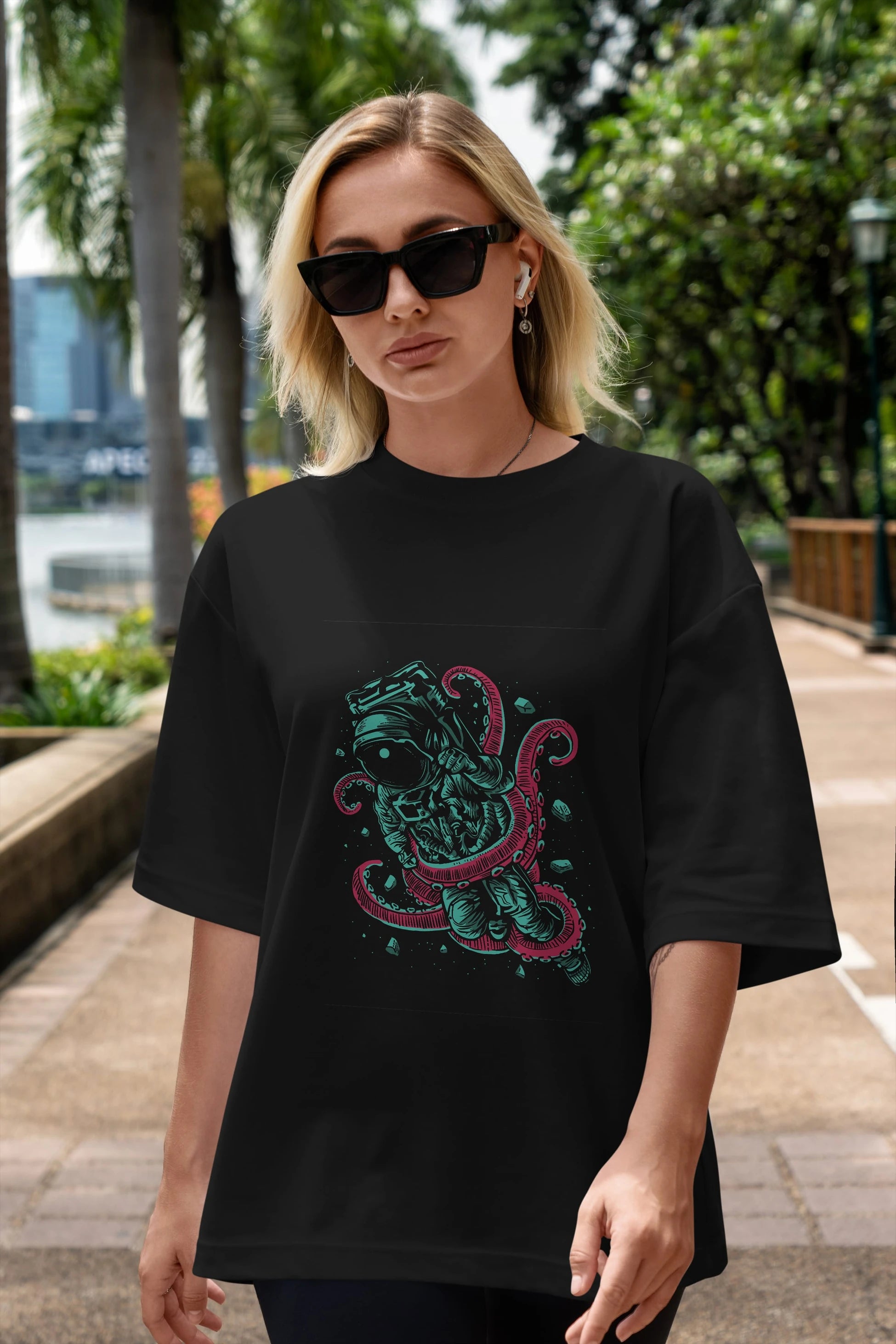 Astronaut Octopus Ön Baskılı Oversize t-shirt Erkek Kadın Unisex %100 Pamuk tişort