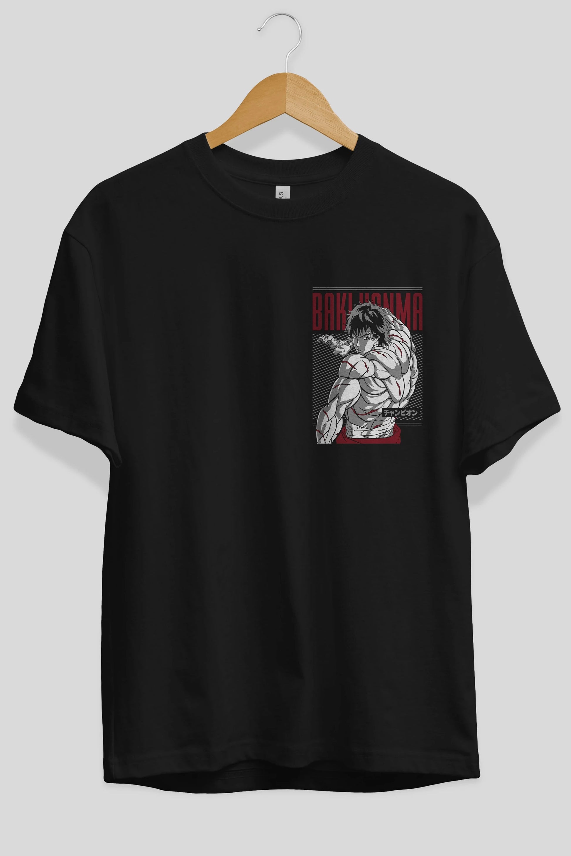 BAKI HANMA Ön Sol Baskılı Oversize t-shirt Erkek Kadın Unisex %100 Pamuk Bisiklet Yaka tişort