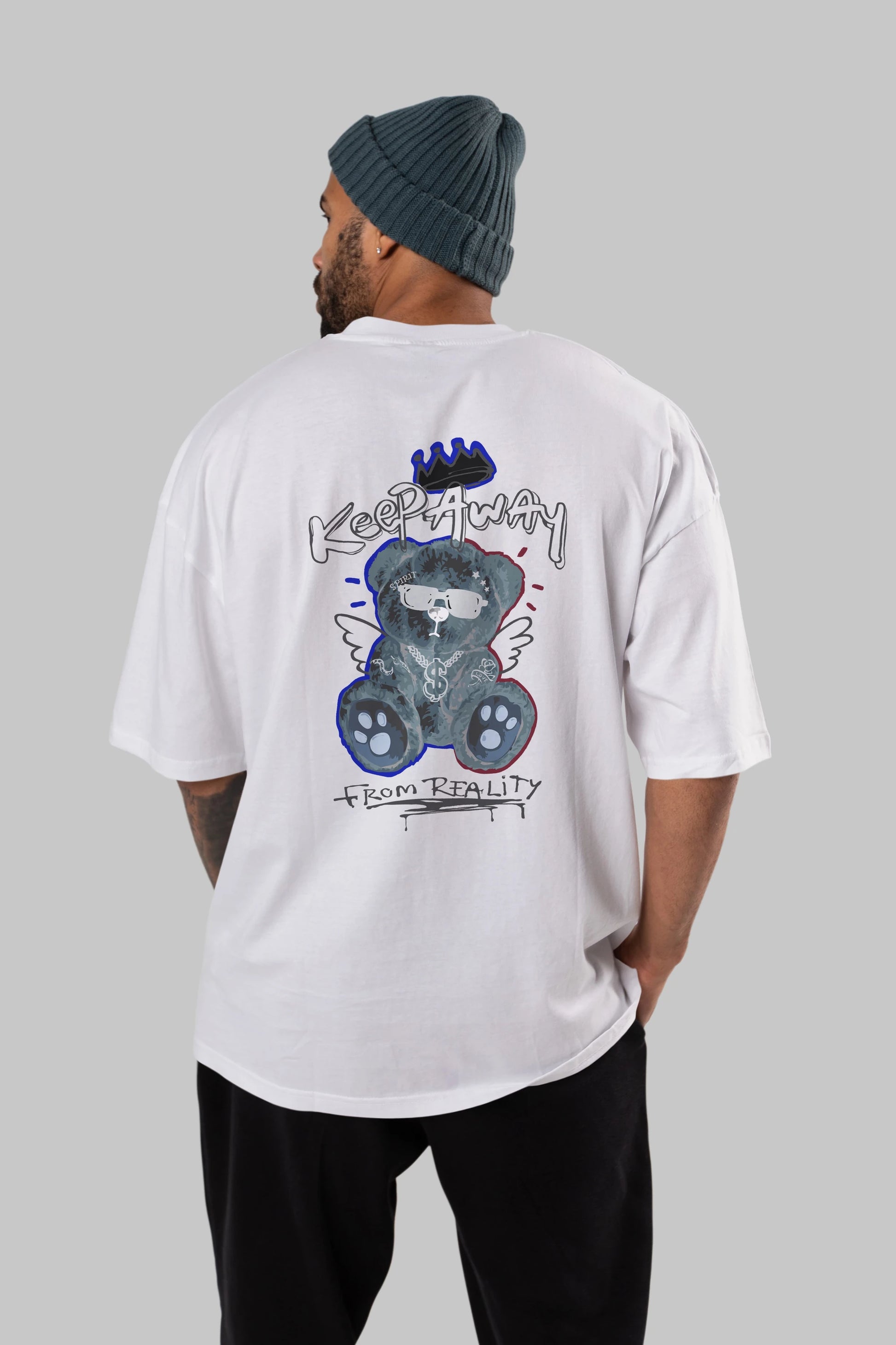 Keep Away Bear Arka Baskılı Oversize t-shirt Erkek Kadın Unisex