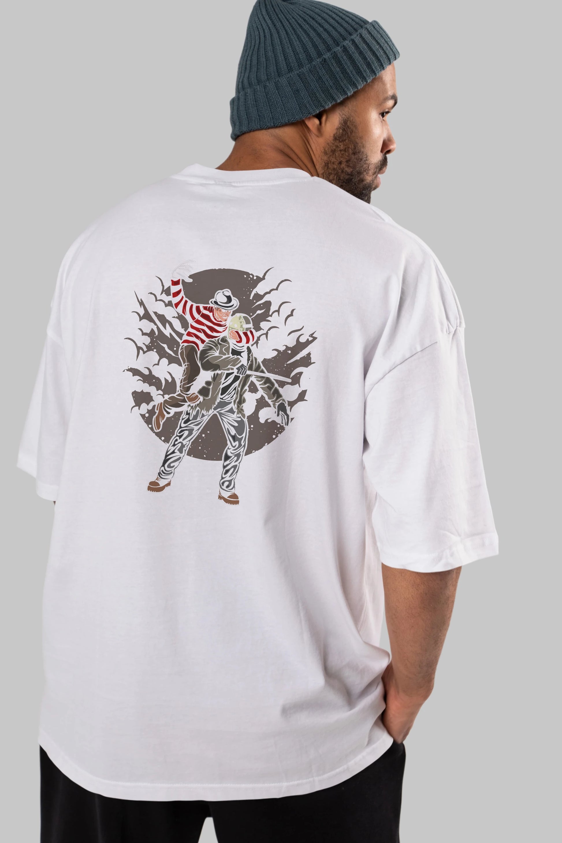FREDDY VS JASON Arka Baskılı Oversize t-shirt Erkek Kadın Unisex %100 Pamuk