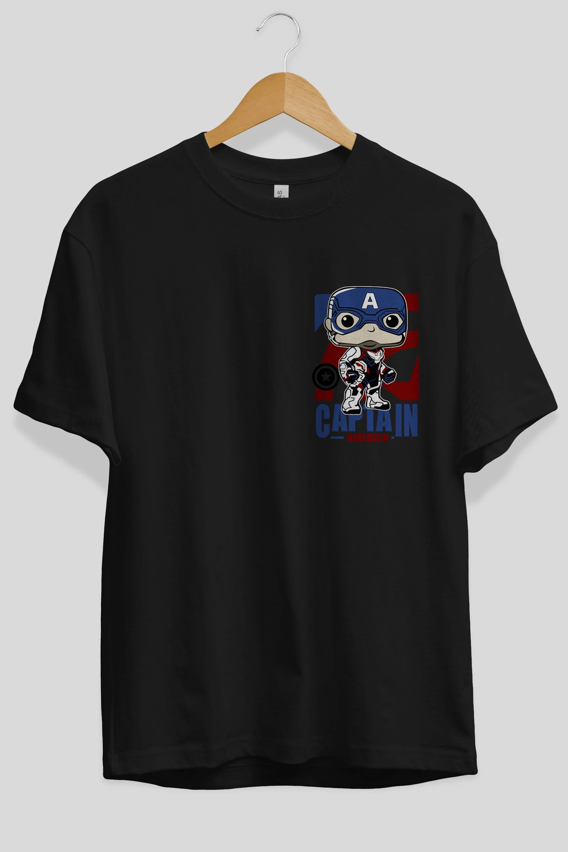 Captain America Ön Sol Baskılı Oversize t-shirt Erkek Kadın Unisex %100 Pamuk Bisiklet Yaka tişort
