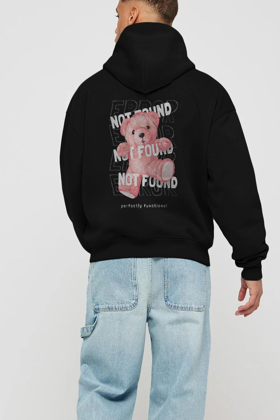 Error Not Found Bear Arka Baskılı Hoodie Oversize Kapüşonlu Sweatshirt Erkek Kadın Unisex