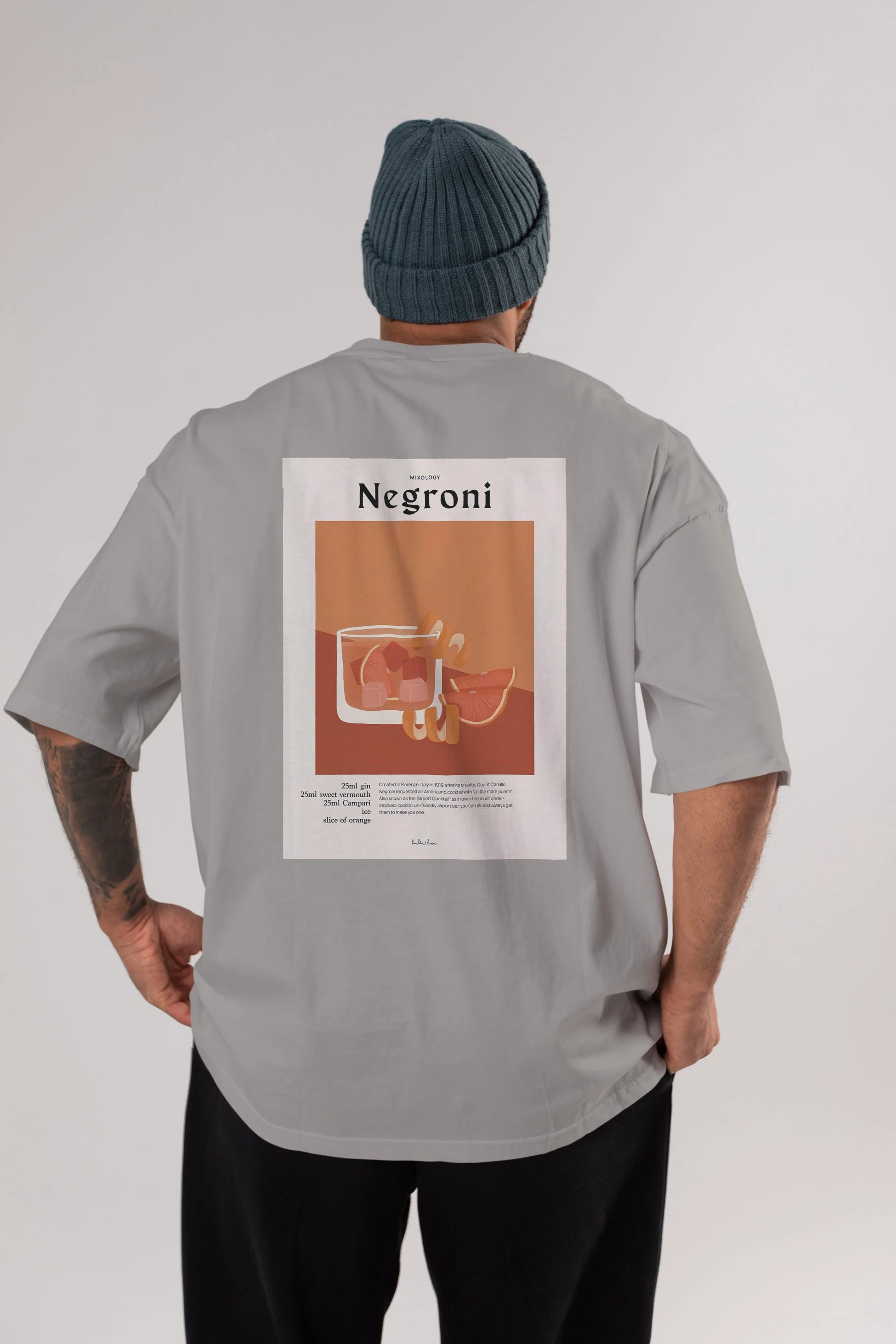 Mixology Negroni Arka Baskılı Oversize t-shirt Erkek Kadın Unisex %100 Pamuk Bisiklet Yaka tişort