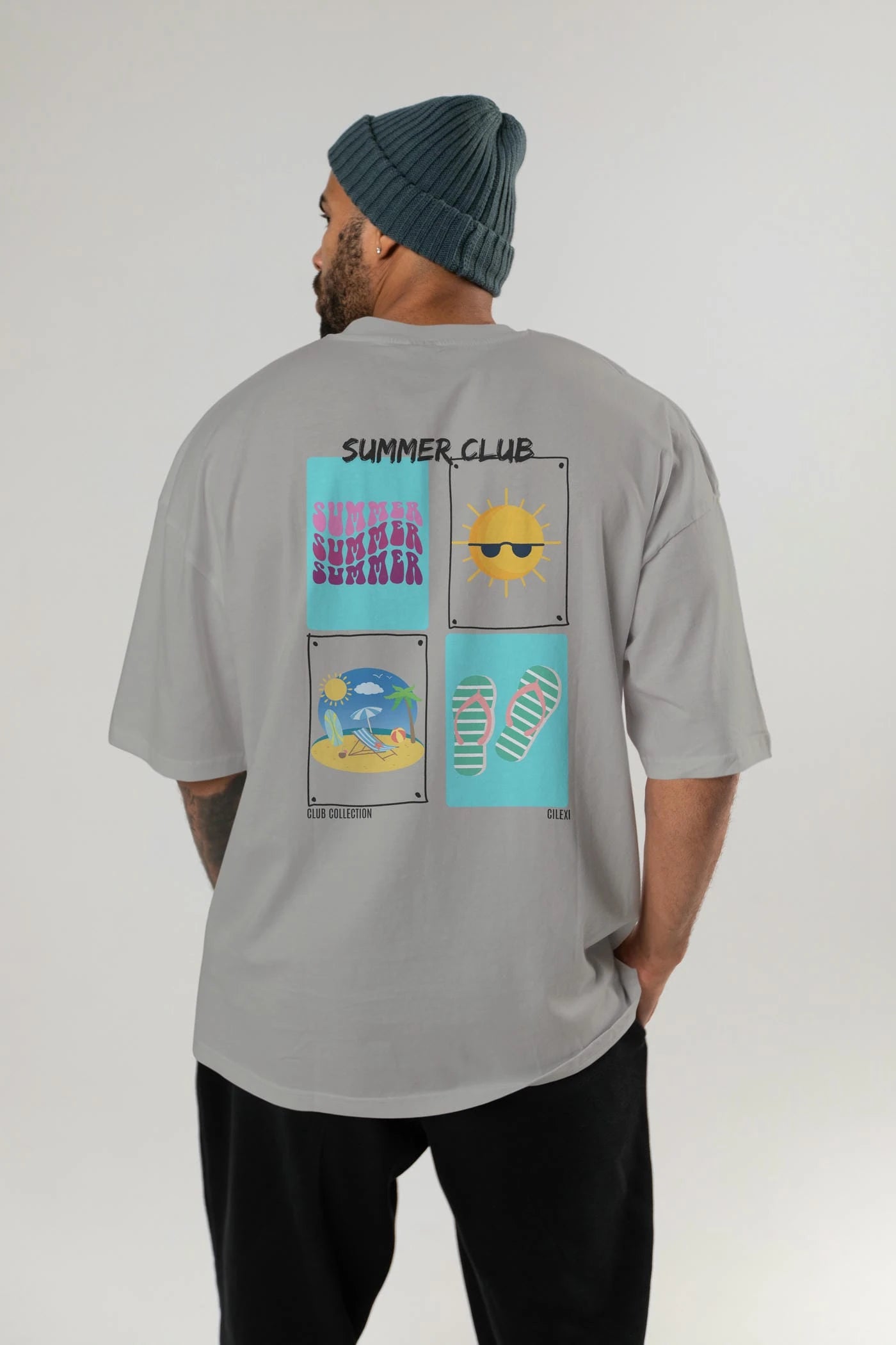 Summer Club Arka Baskılı Oversize t-shirt Erkek Kadın %100 Pamuk Bisiklet Yaka tişort