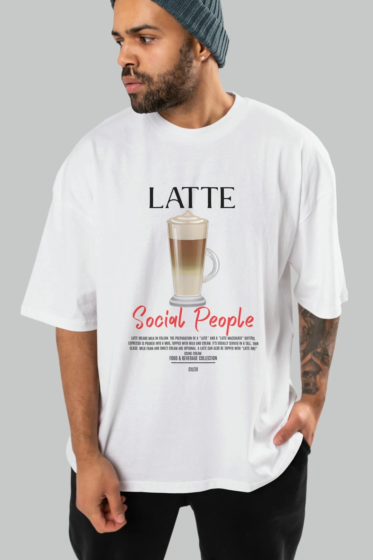 Latte Kokteyl Serisi ön Baskılı Oversize t-shirt Erkek Kadın %100 Pamuk Bisiklet Yaka tişort