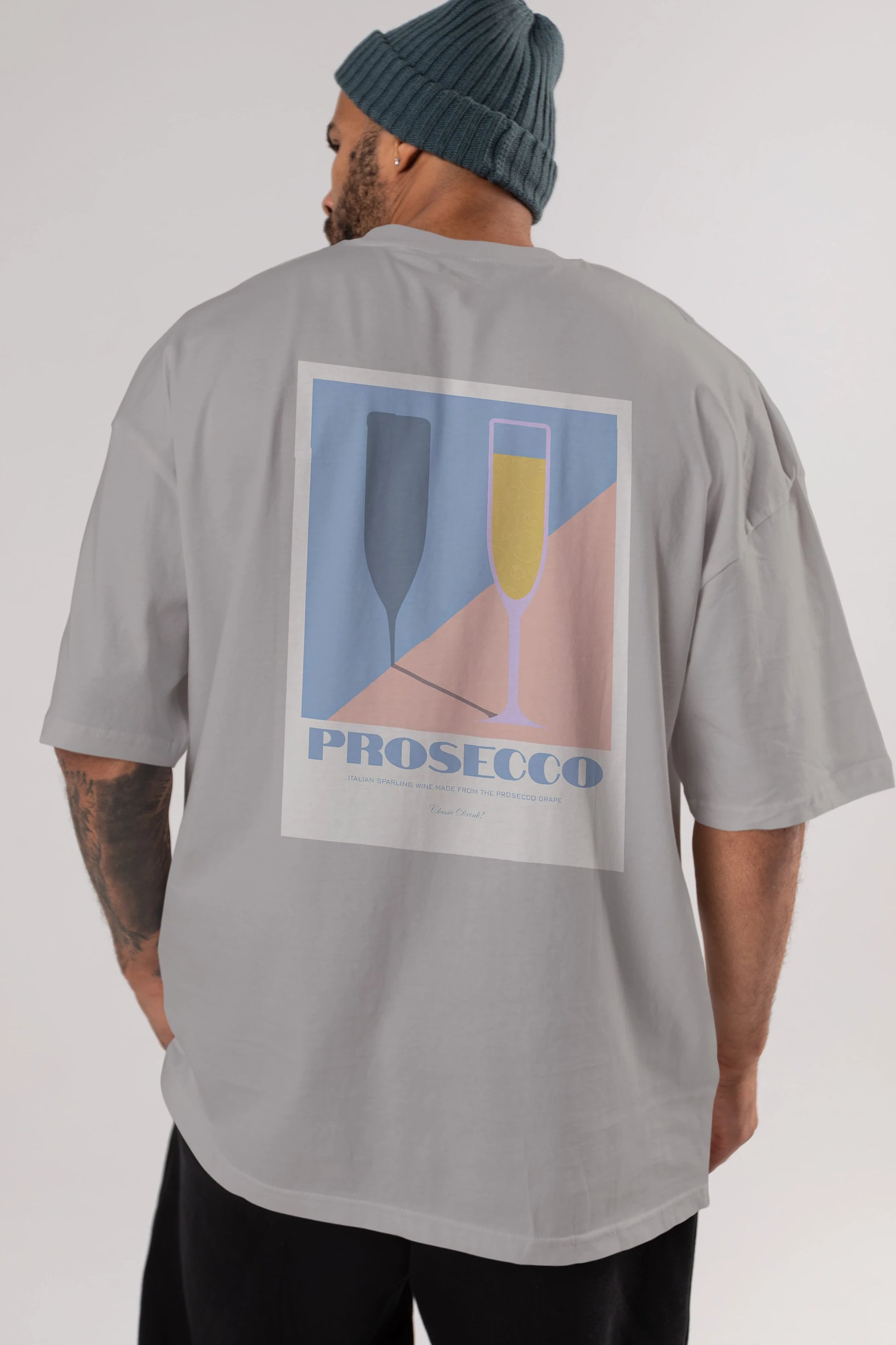 Prosecco Arka Baskılı Oversize t-shirt Erkek Kadın Unisex %100 Pamuk Bisiklet Yaka tişort