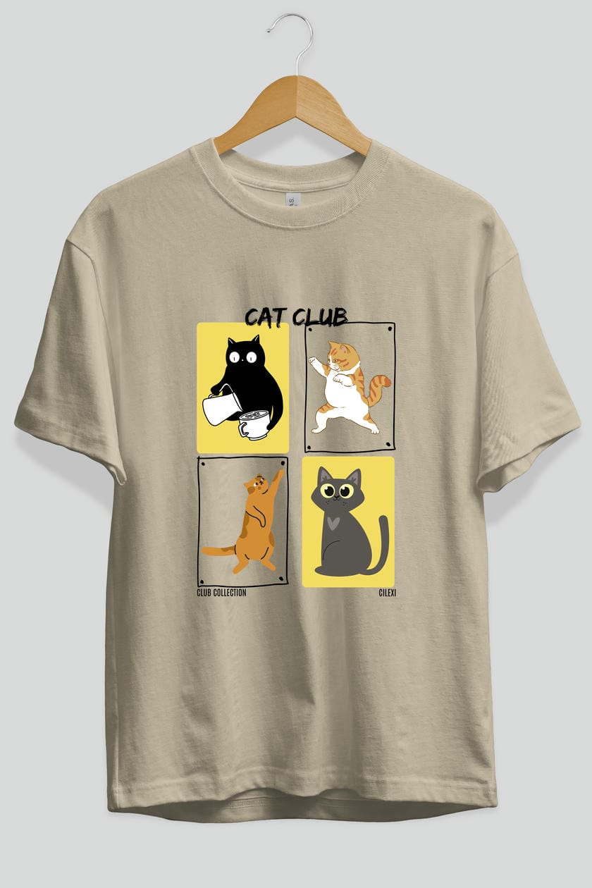 Cat Club ön Baskılı Oversize t-shirt Erkek Kadın %100 Pamuk Bisiklet Yaka tişort