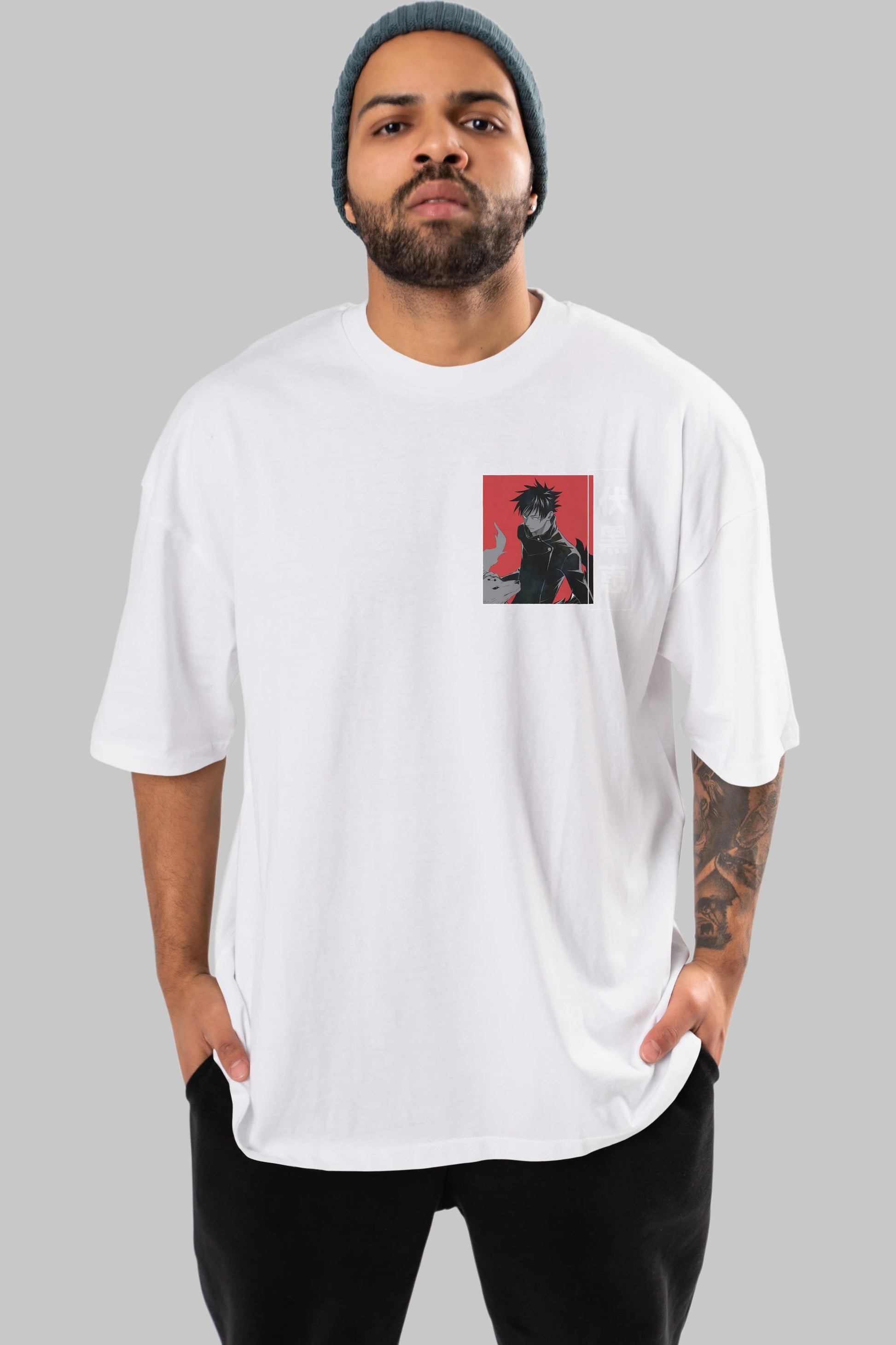 Megumi Fushiguro Ön Sol Baskılı Oversize t-shirt Erkek Kadın Unisex %100 Pamuk Bisiklet Yaka tişort
