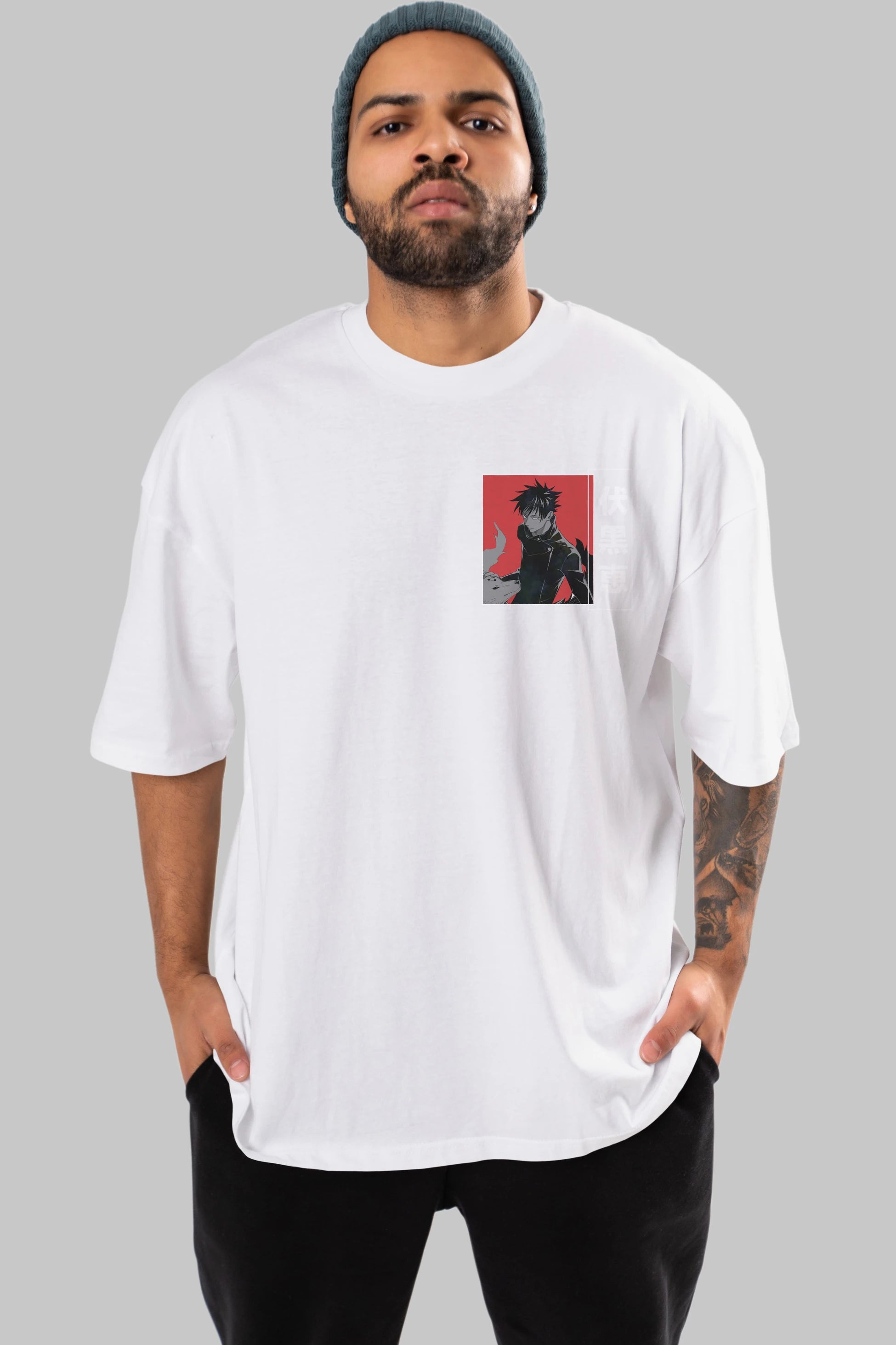 Megumi Fushiguro Ön Sol Baskılı Oversize t-shirt Erkek Kadın Unisex %100 Pamuk Bisiklet Yaka tişort