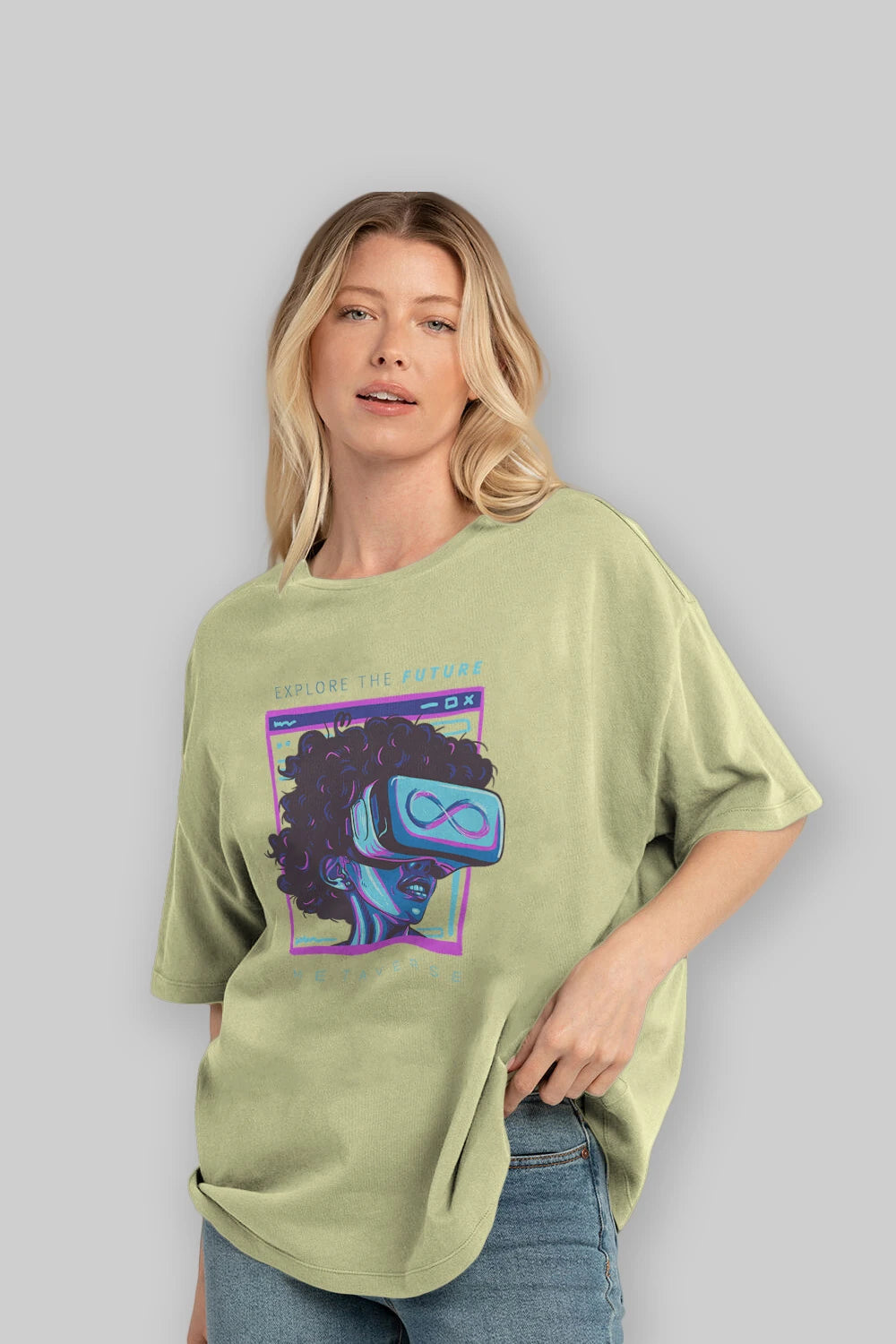Metaverse Ön Baskılı Oversize t-shirt Erkek Kadın Unisex
