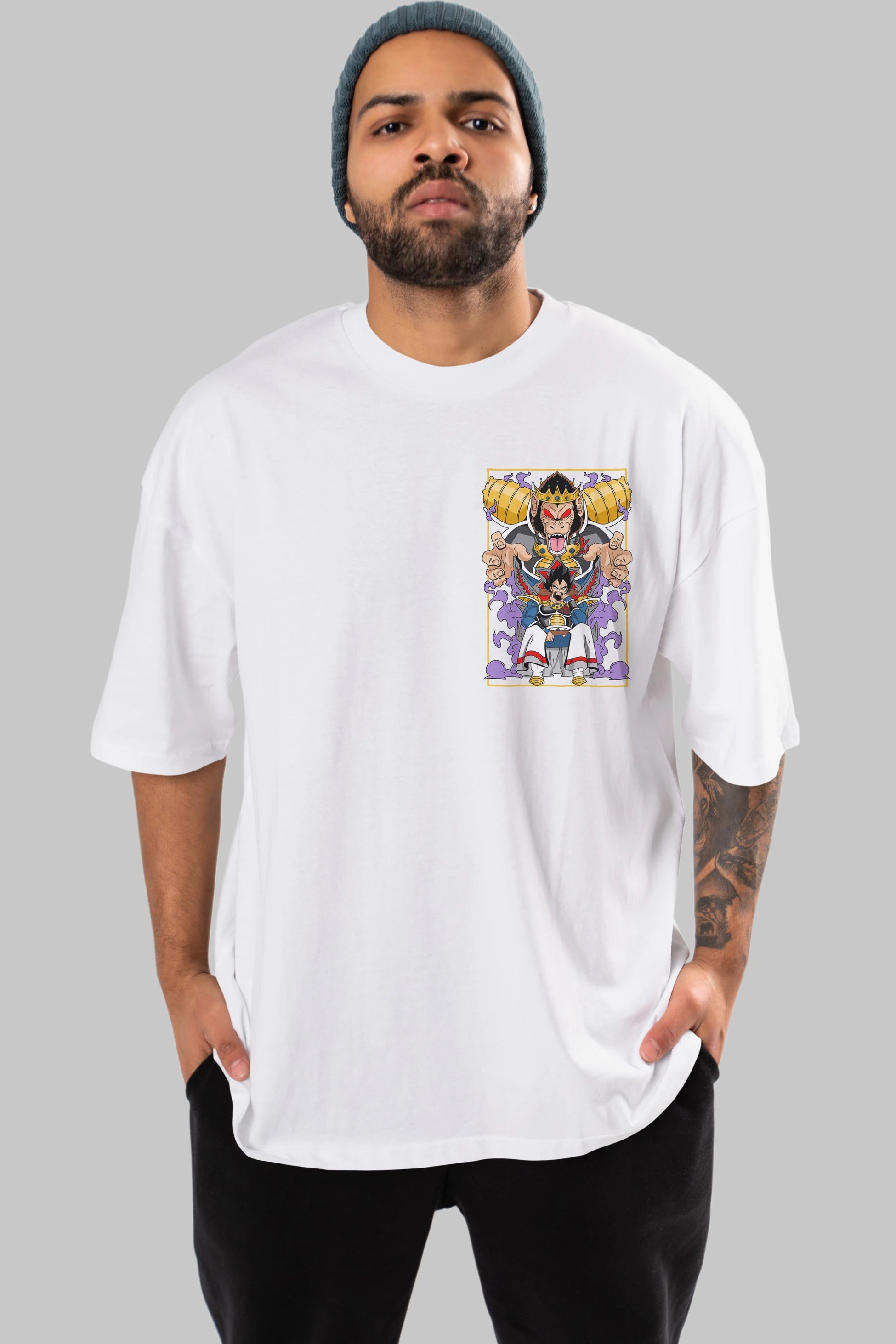 DragonBall ReyVegeta Ön Sol Baskılı Oversize t-shirt Erkek Kadın Unisex %100 Pamuk Bisiklet Yaka tişort