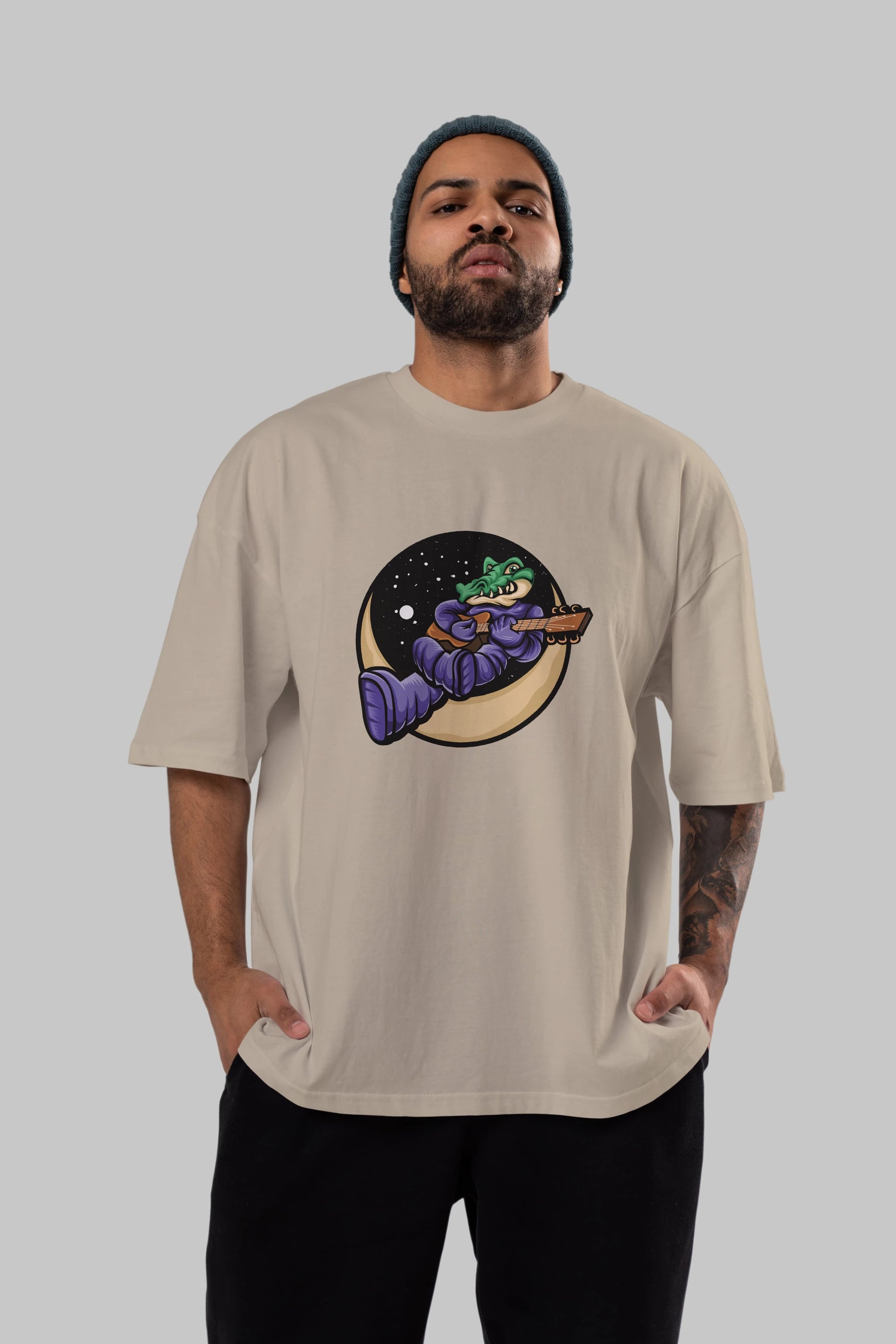 Space Crocodile Ön Baskılı Oversize t-shirt Erkek Kadın Unisex