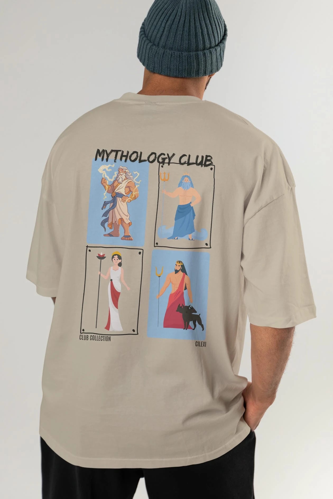 Mythology Club 2 Arka Baskılı Oversize t-shirt Erkek Kadın %100 Pamuk Bisiklet Yaka tişort